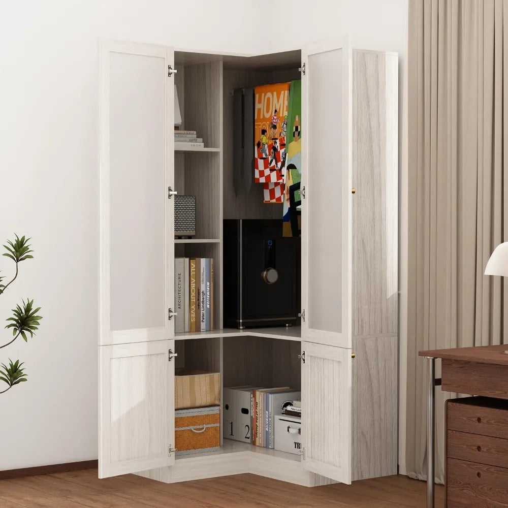 Corner Wardrobe Cabinet, Modern Wood Armoire Closet with Frosted Glass Doors, Bedroom Wardrobe with Shelves & Hanging Rod for S