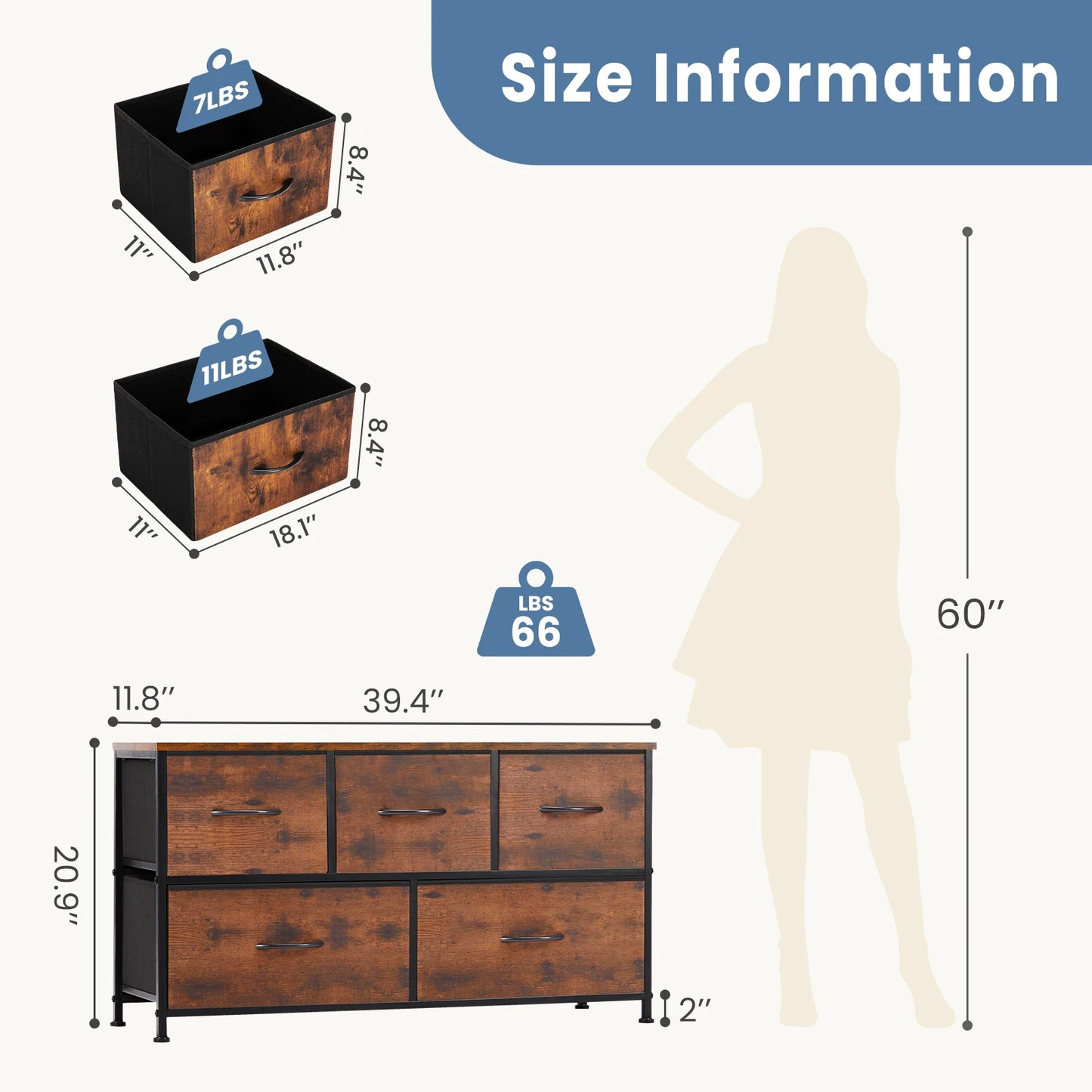 JHK Living Room Display Cabinet With Fabric Drawers Metal Frame