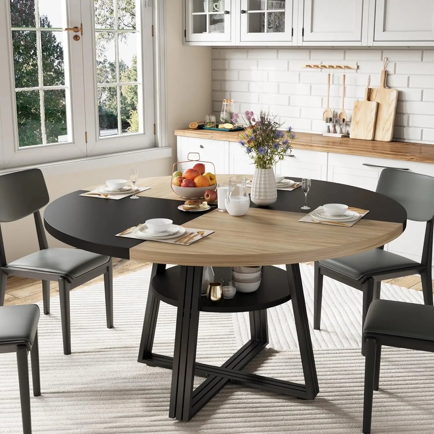 HobbyLane Farmhouse Round Dining Table With Scratch Proof Wood Top Seats 4 To 6