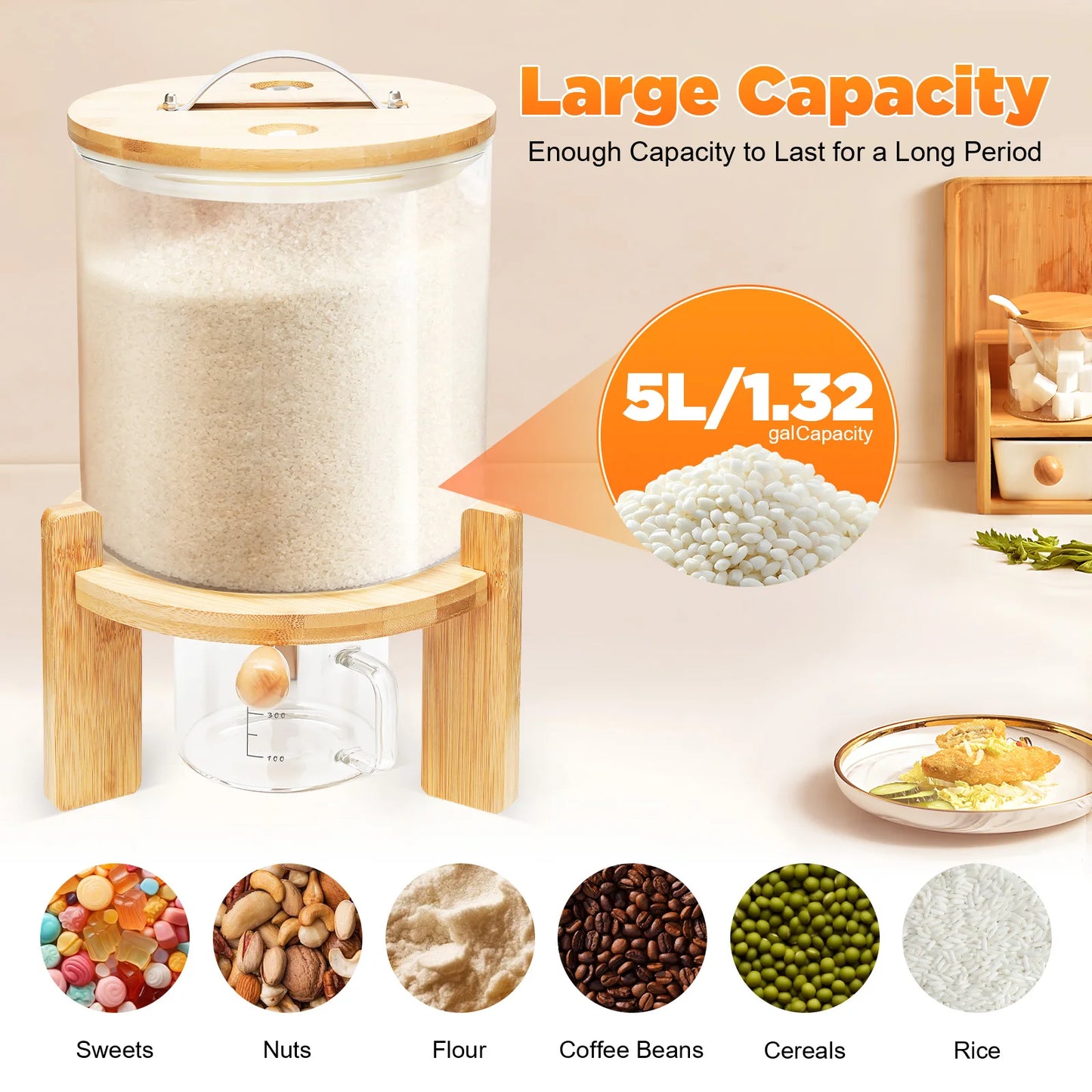 Airtight Glass Food Storage Container For Cereal Dispenser With Bamboo Lids