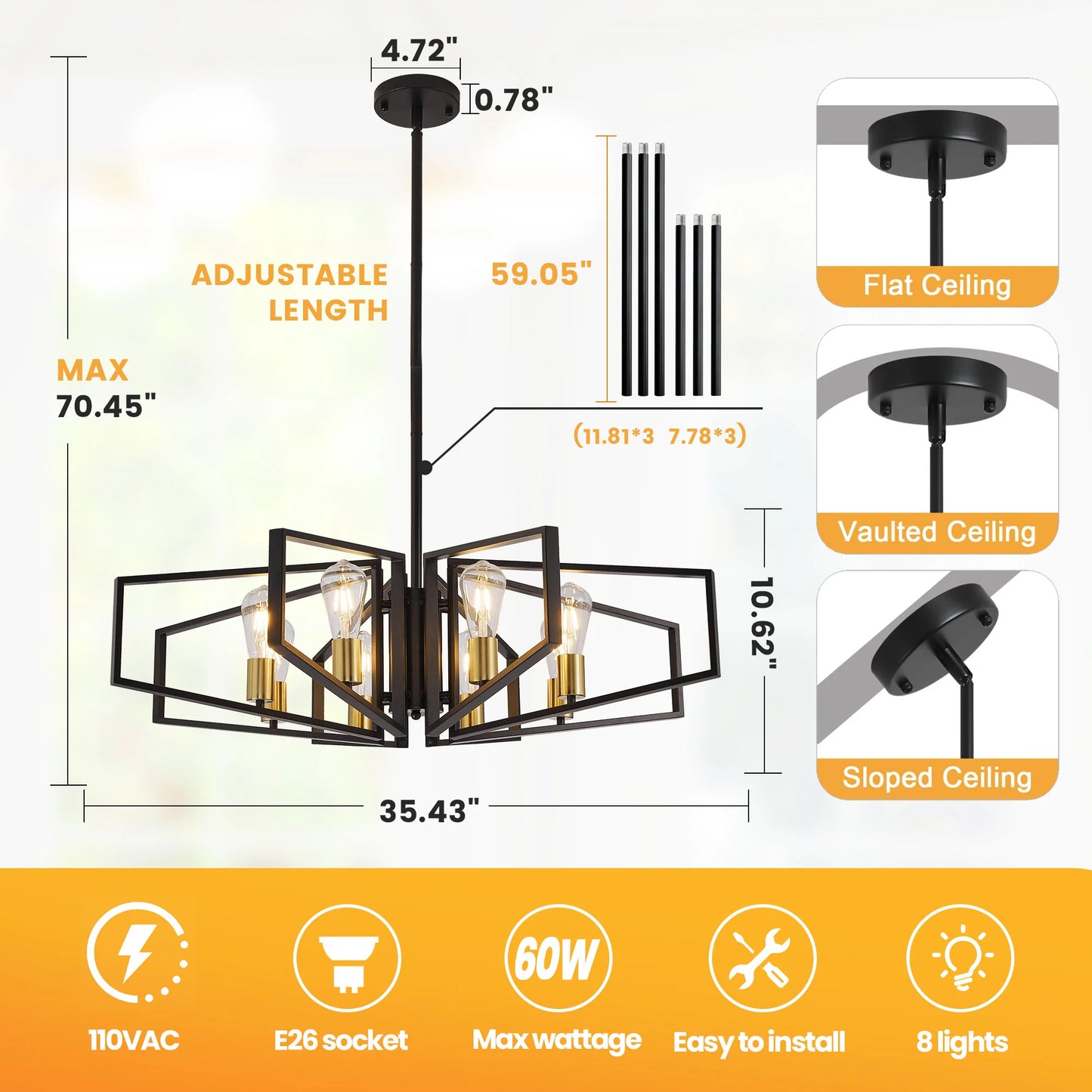 Geometric Eight Light Pendant Chandelier With Adjustable Height