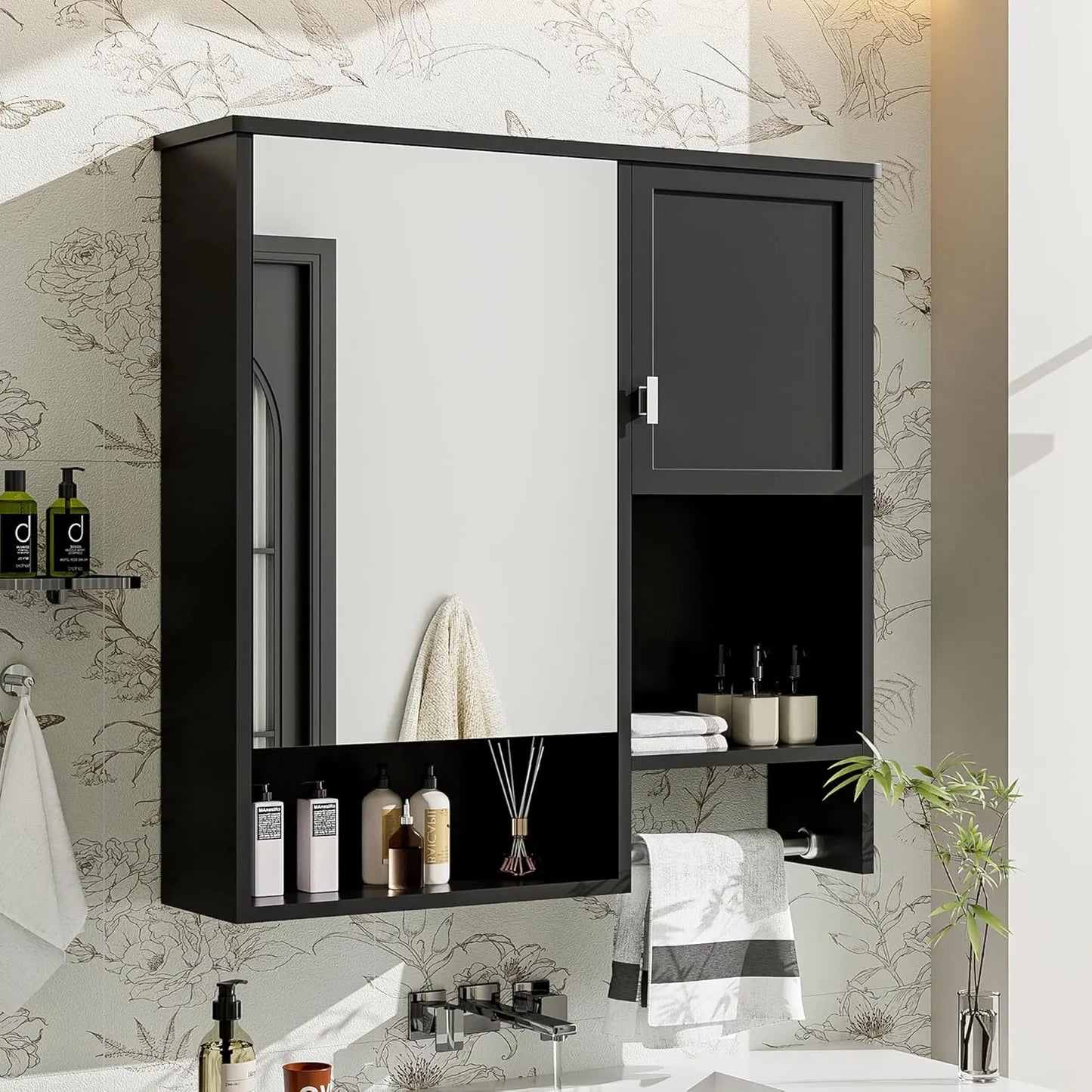 Medicine Cabinet for Bathroom, Wall Mount Bathroom Cabinet with Mirror, Open Shelf, and Towel Bar, 29.5" W x 28.7", Customized