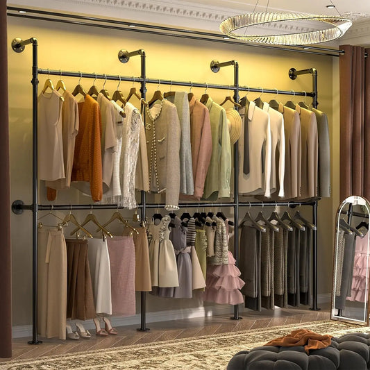 Reversible 9.85FT Heavy Duty Wall Mounted Clothes Rack, L-Shaped Walk-in Closet System in Black