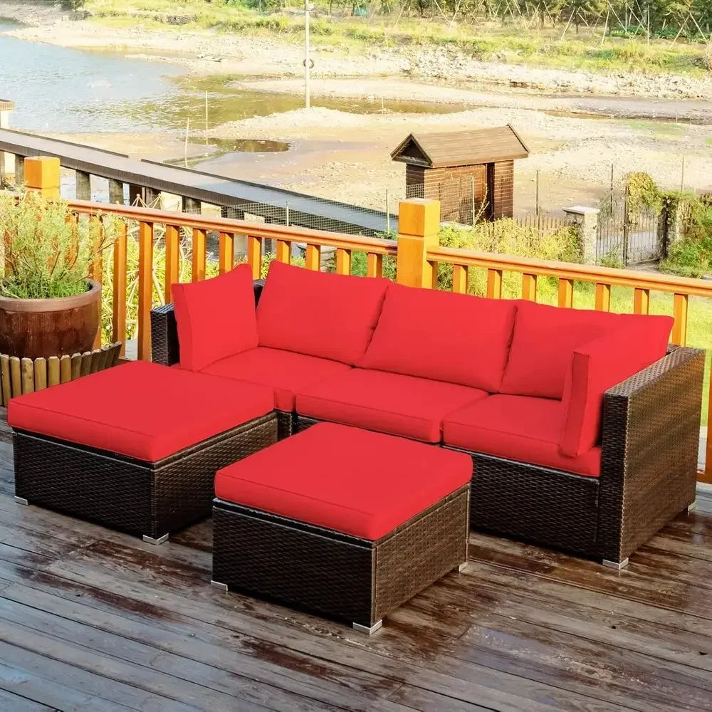 5 Piece Outdoor Patio Furniture Set With Cushioned Rattan Sectional