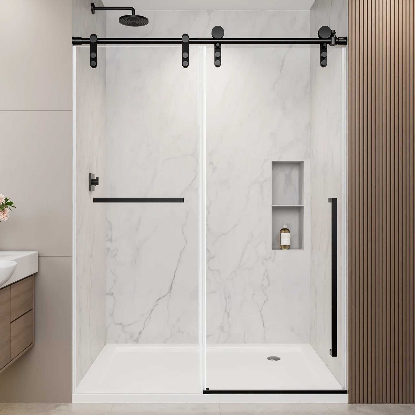 44"-48" W x 76" H Frameless Sliding Shower Door, Matte Black Shower Screen, 5/16" (8mm) Clear Tempered Glass
