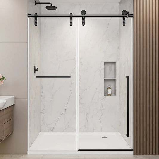 44"-48" W x 76" H Frameless Sliding Shower Door, Matte Black Shower Screen, 5/16" (8mm) Clear Tempered Glass