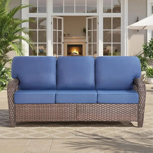 Outdoor High Back Wicker Sofa 3 Seater For Patio Garden Lounge