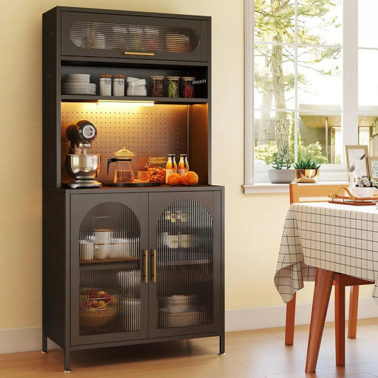 Kitchen Pantry Cabinet With LED Light And Adjustable Shelves