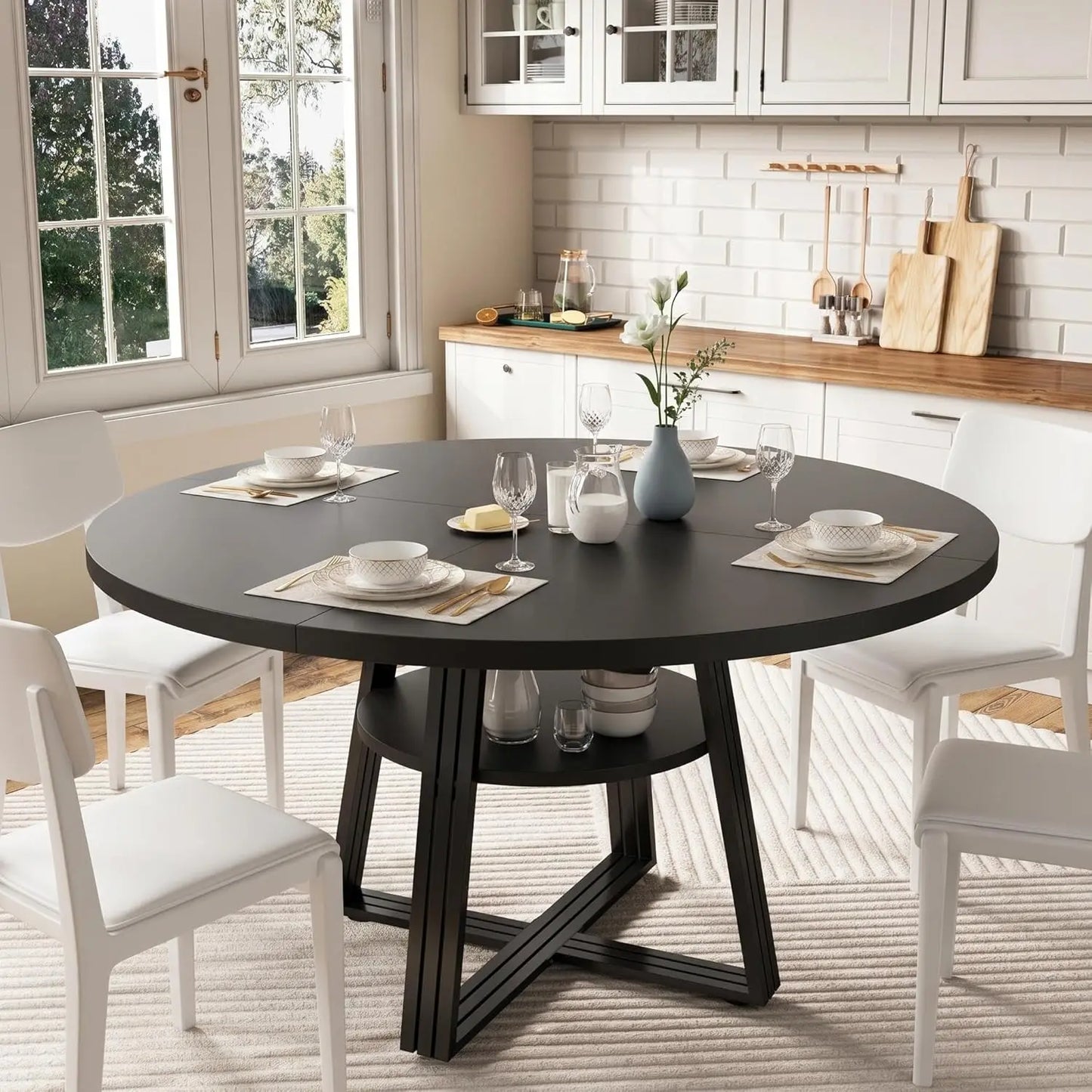 HobbyLane Farmhouse Round Dining Table With Scratch Proof Wood Top Seats 4 To 6