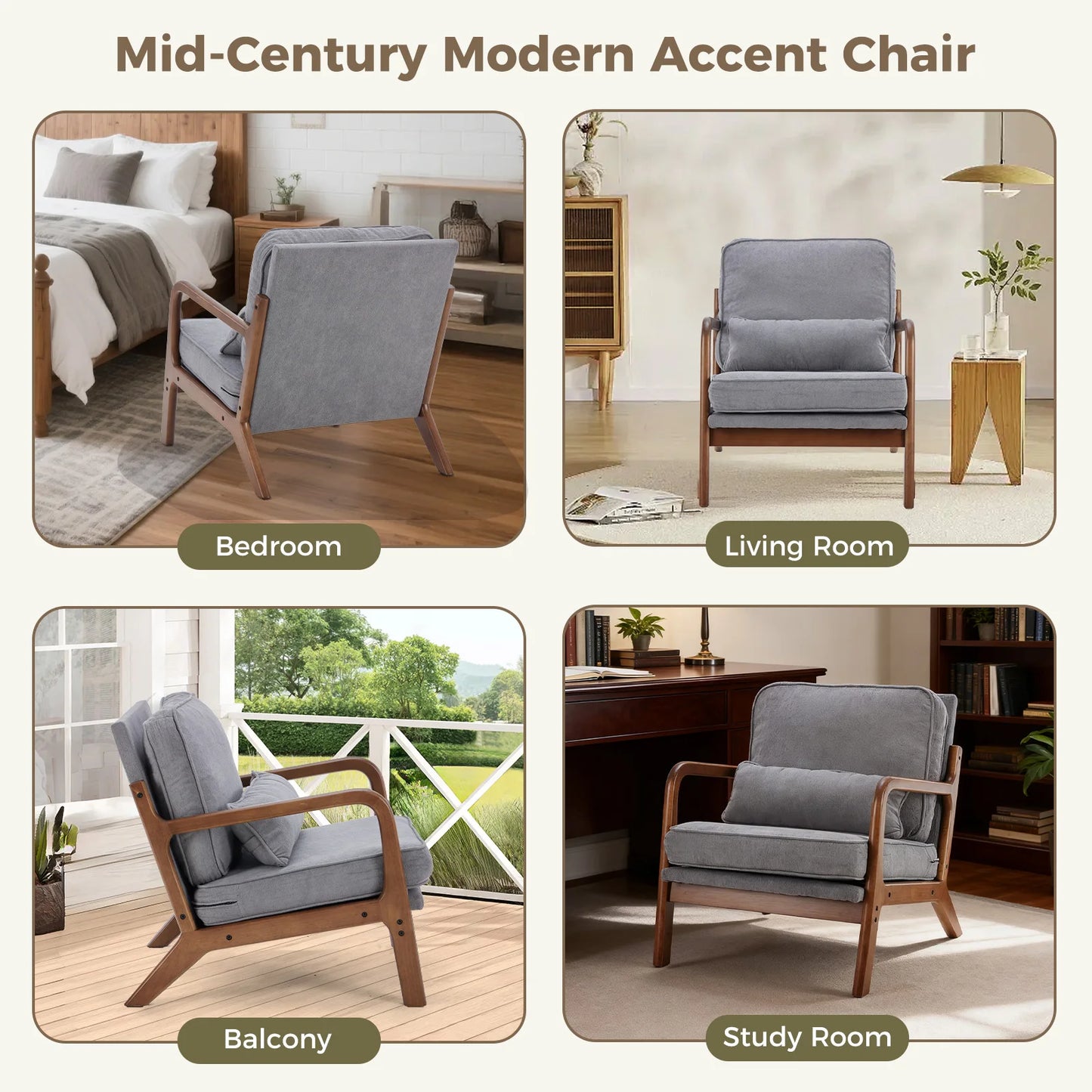 JHK Mid Century Modern Wood Frame Armchair With Cushion