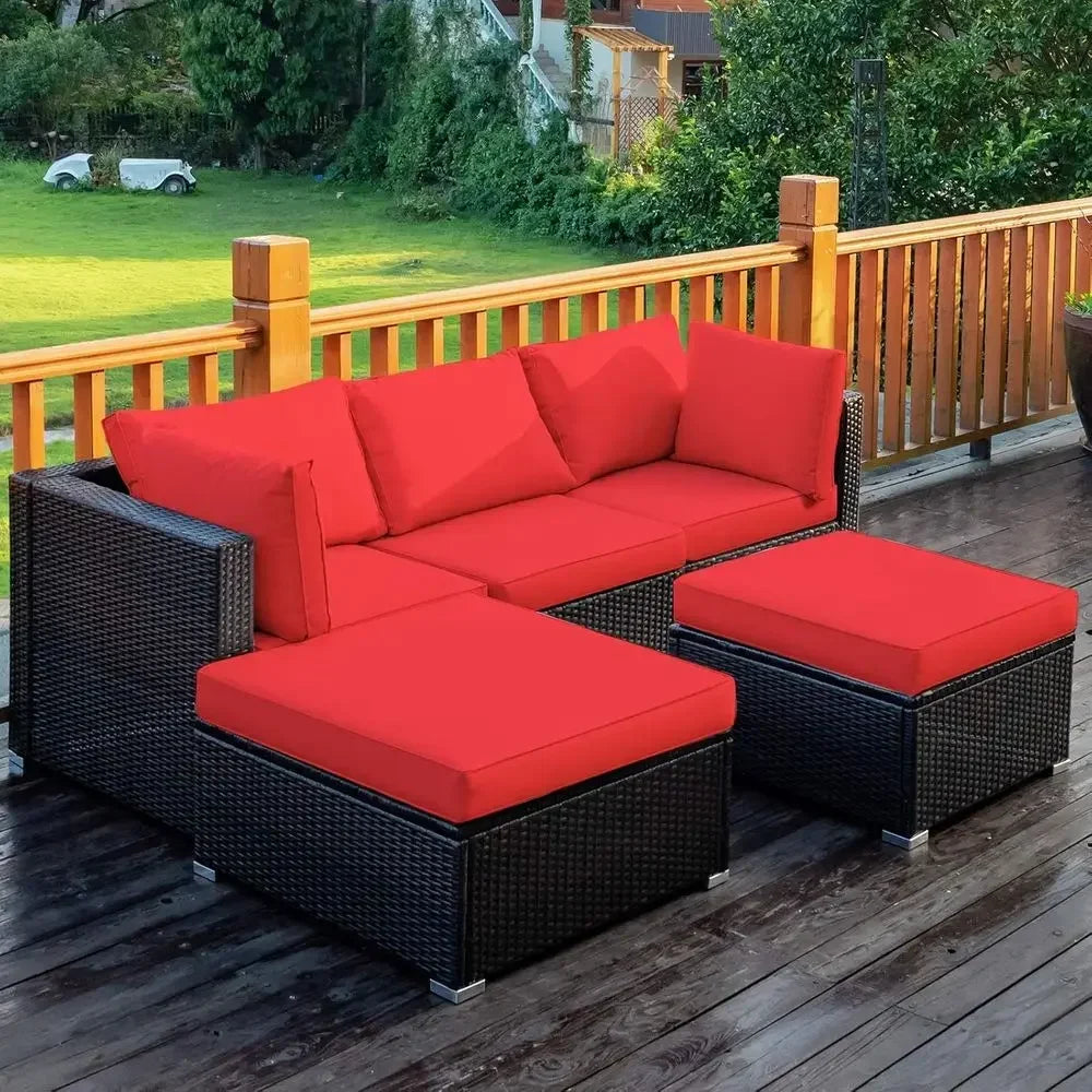 5 Piece Outdoor Patio Furniture Set With Cushioned Rattan Sectional