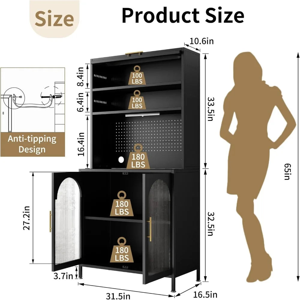 Kitchen Pantry Cabinet With LED Light And Adjustable Shelves