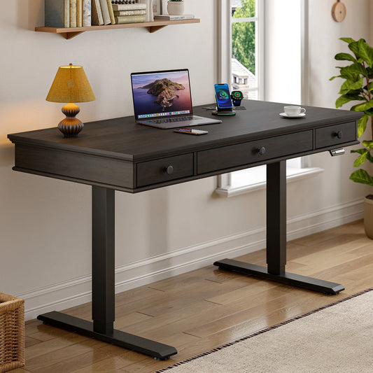 Standing Desk, Height Adjustable Desk with Storage & Outlets, 55 x 23  Inch Electric Table for Office,  Curved Stand Up Desk