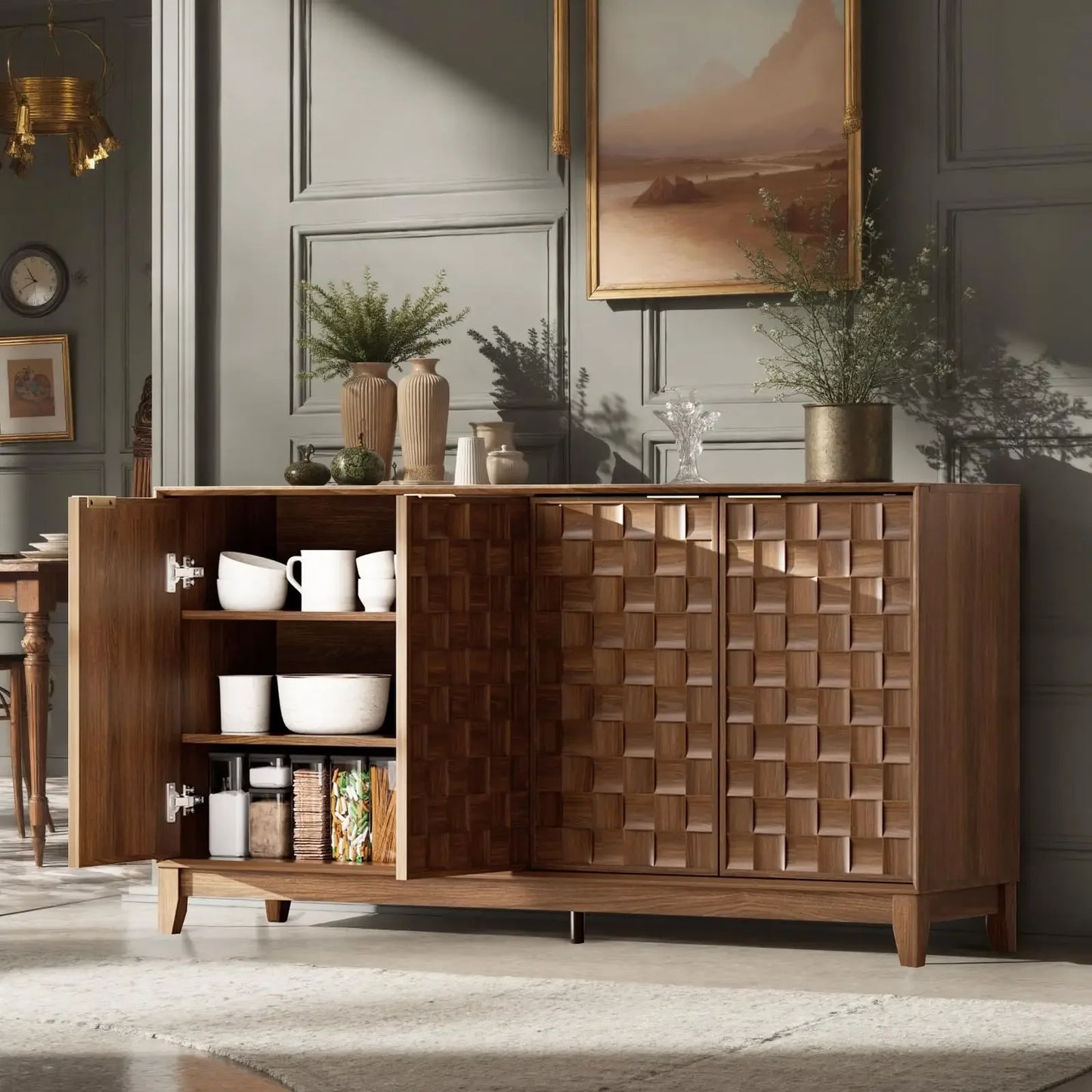 Modern 4 Door Sideboard With Checkerboard Design Solid Wood Legs