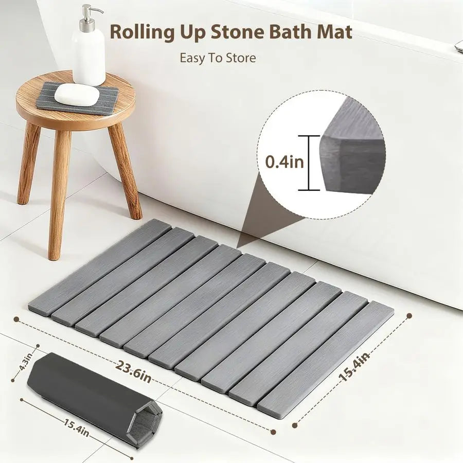 Stone Bath Mat for Bathroom with Absorbing Tray, 2Piece Set Includes 24x16 Inch Quick Drying Diatomaceous Earth Bath Mat amp 8x4