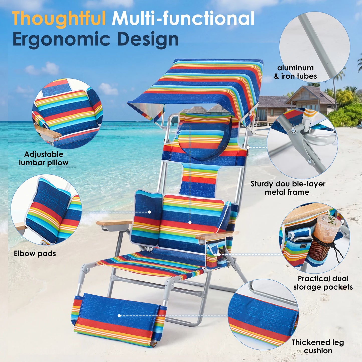 TCGBKAF Beach Chair With Canopy And 5 Position Footrest