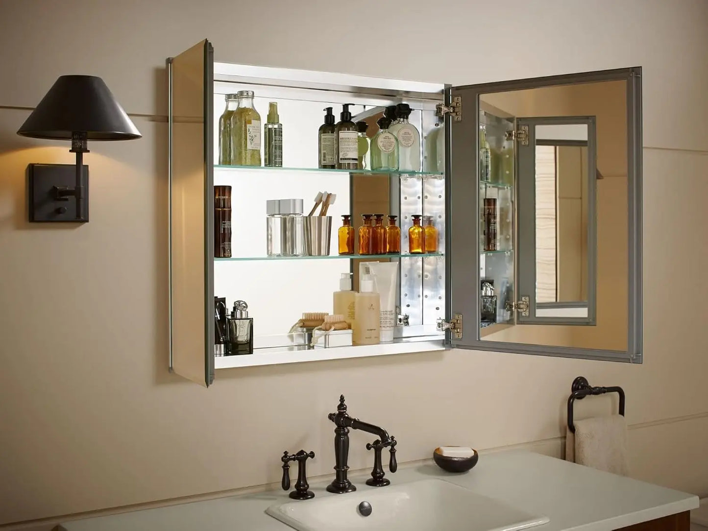 CB-CLC3026FS Bathroom Medicine Cabinet with Mirror, Beveled Mirror Doors, Adjustable Shelves, Rectangular Beveled, Customized