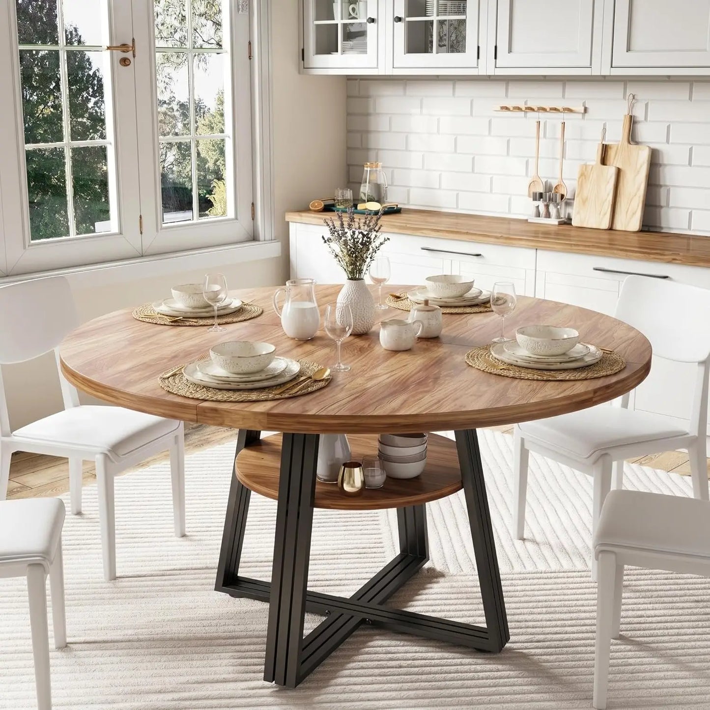 HobbyLane Farmhouse Round Dining Table With Scratch Proof Wood Top Seats 4 To 6