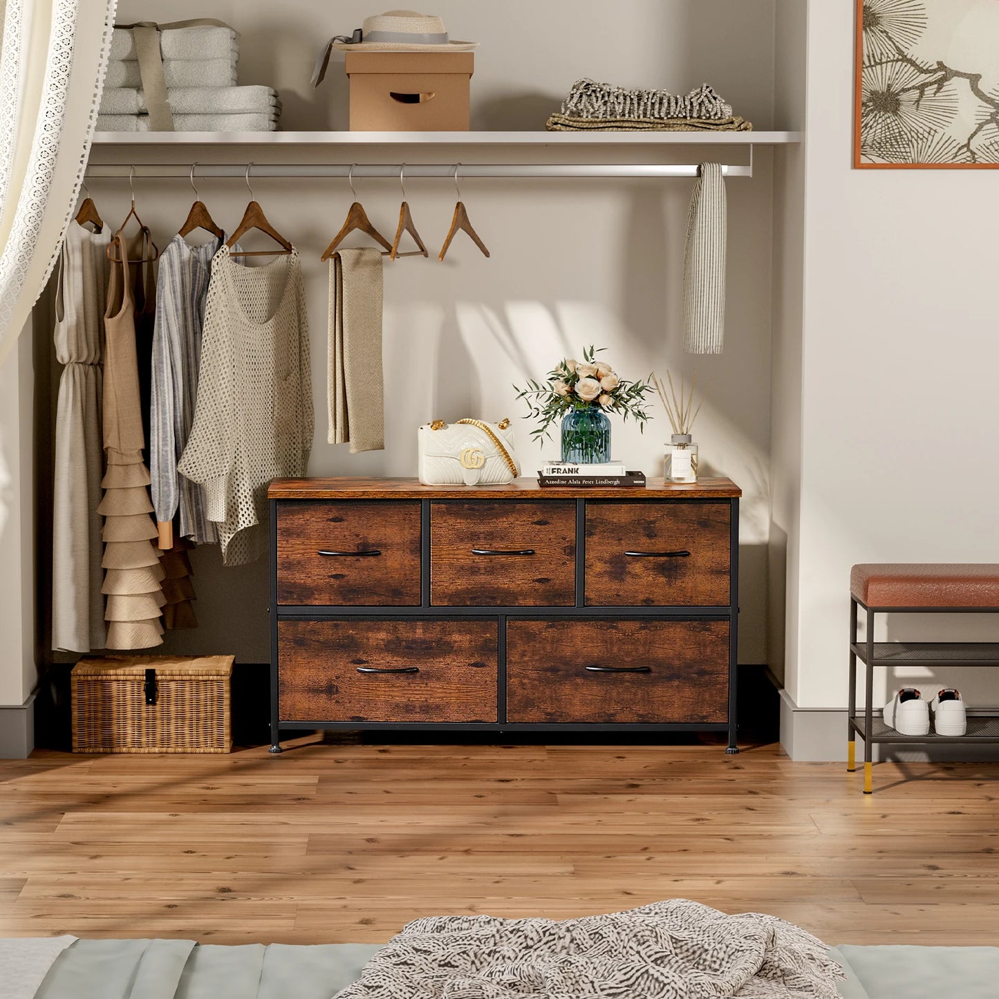 JHK Living Room Display Cabinet With Fabric Drawers Metal Frame