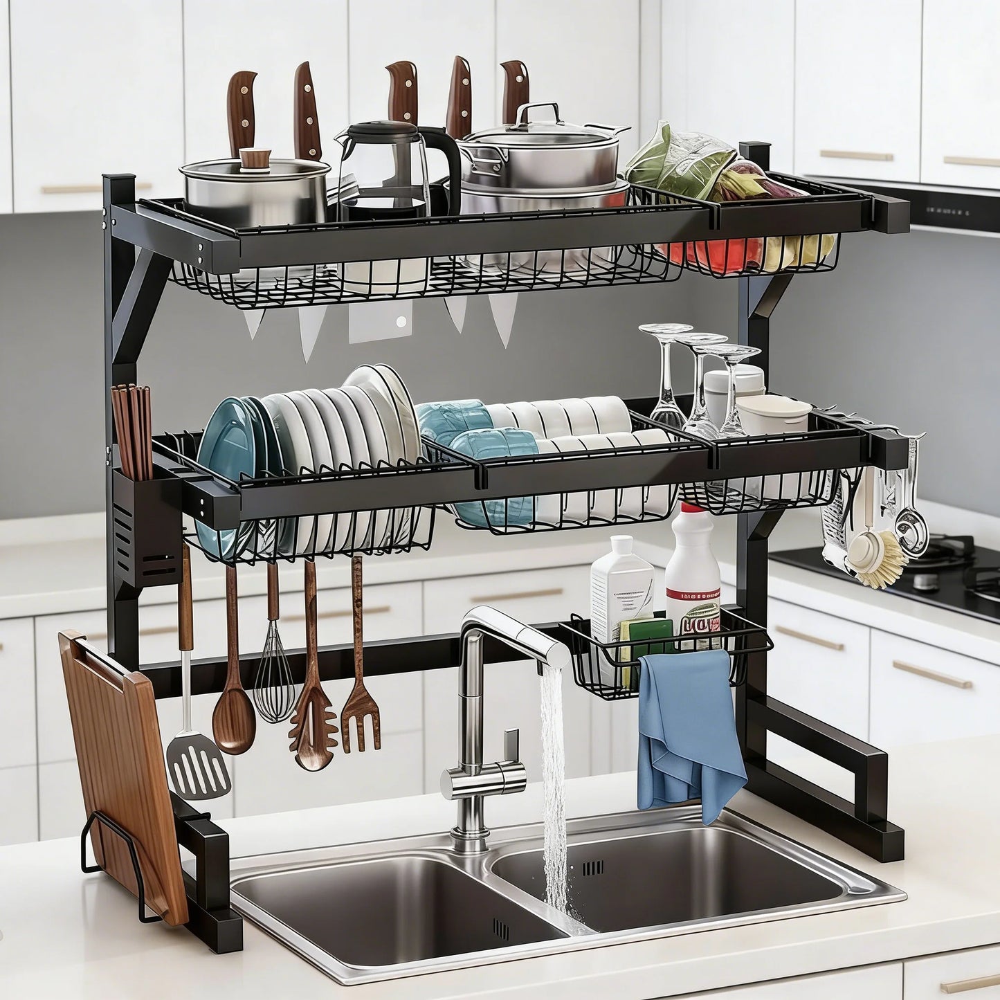 Space Saving Over Sink Dish Drying Rack Knife Holder Utensil Hooks