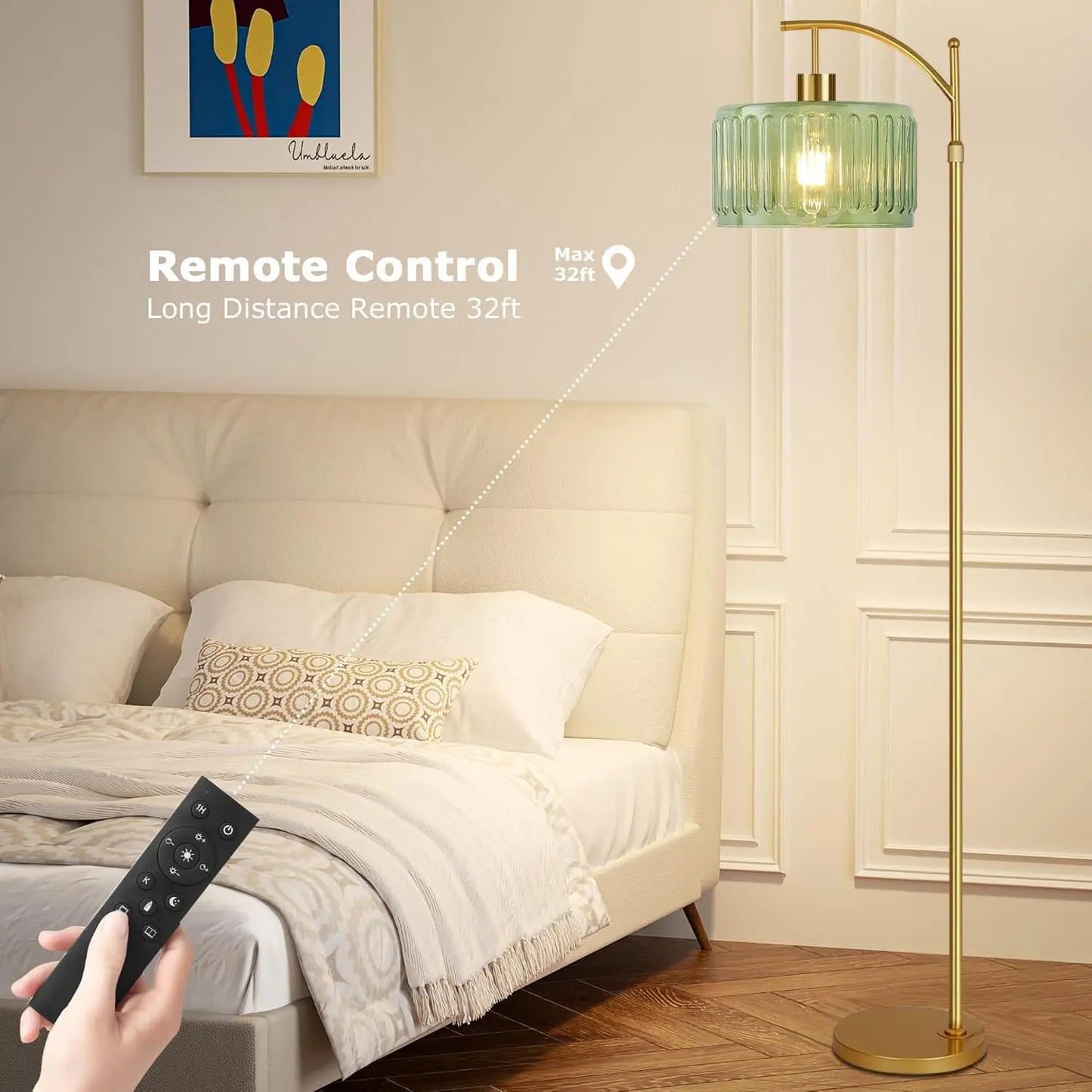 Gold Dimmable Floor Lamp with Remote, Mid-Century Modern Brass Standing Light for Living Room Bedroom