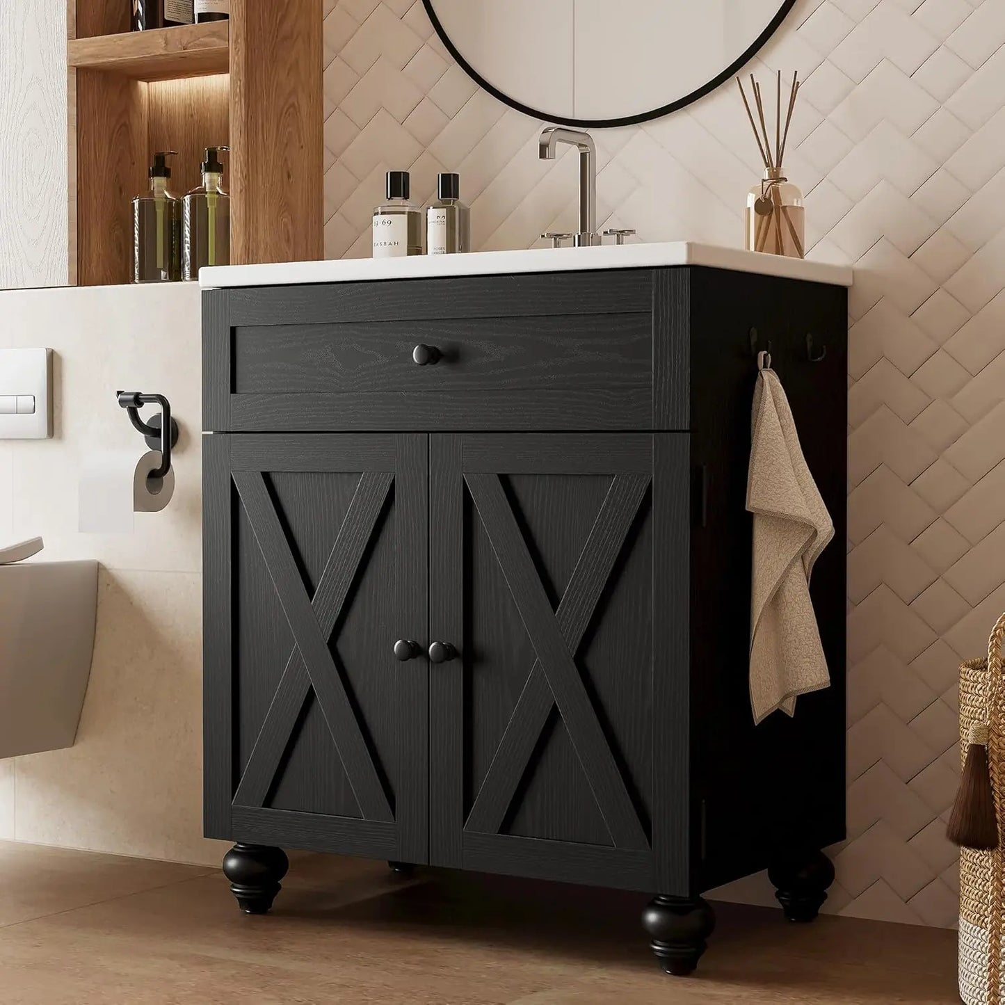 30 Inch Bathroom Vanity with Sink Easy-to-Install Farmhouse Bathroom Sink 2-Tier Storage Areas with Adjustable, Customized