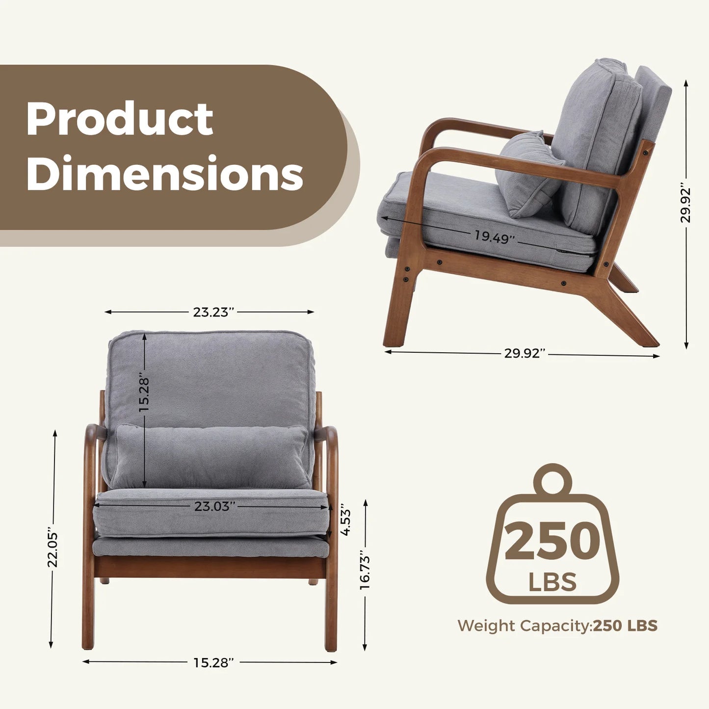 JHK Mid Century Modern Wood Frame Armchair With Cushion