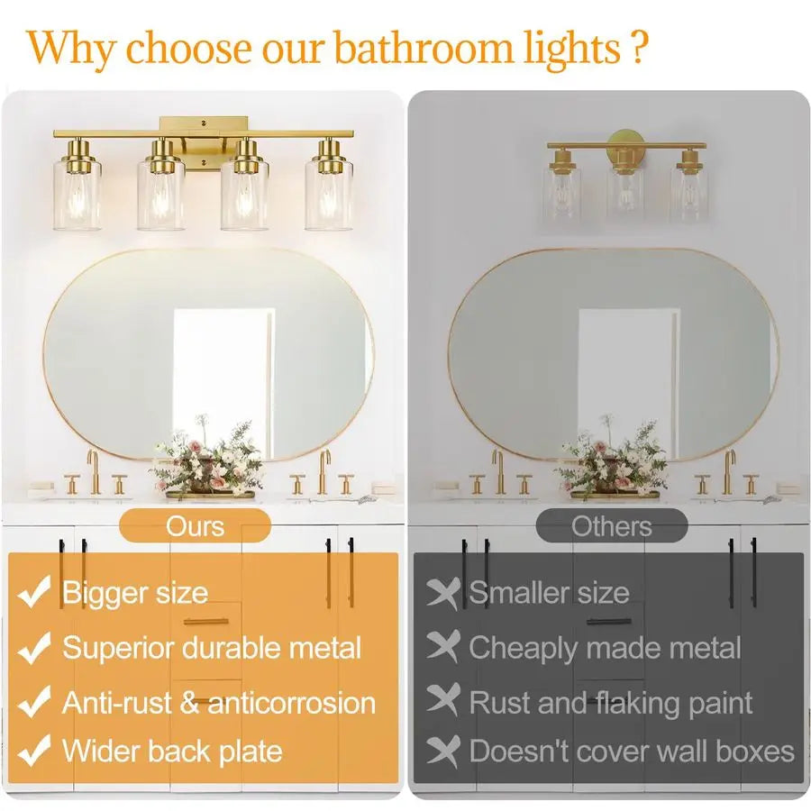 Vanity Lights with Clear Glass Shades, Brushed Gold Bathroom Light Fixtures Over Mirror, Modern Bathroom Wall Lamp for Mirror Li