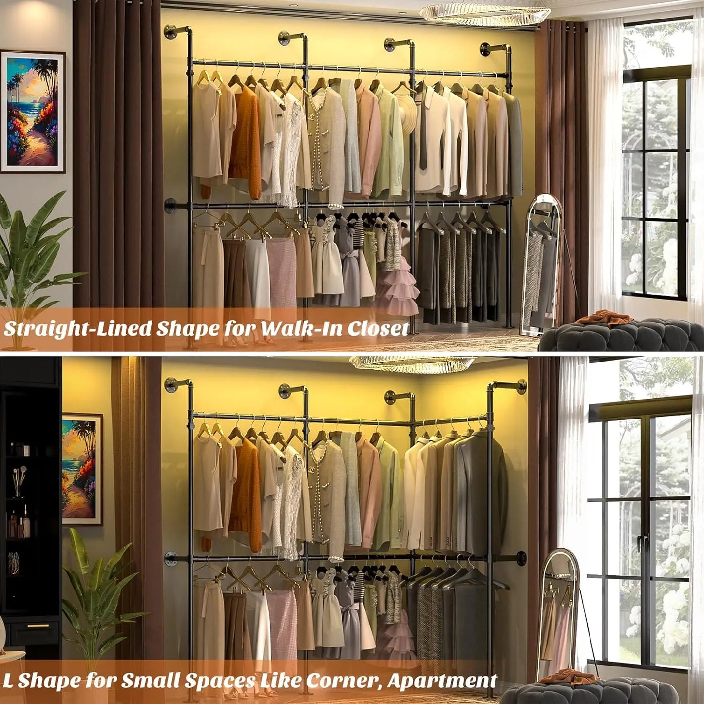 Reversible 9.85FT Heavy Duty Wall Mounted Clothes Rack, L-Shaped Walk-in Closet System in Black