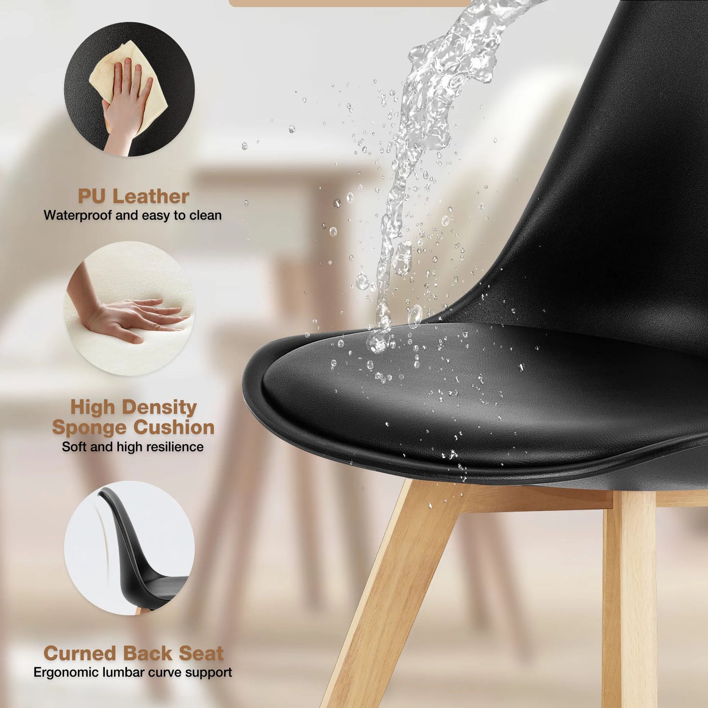 JHK PU Leather Dining Chairs Set Of Four Wooden Legs