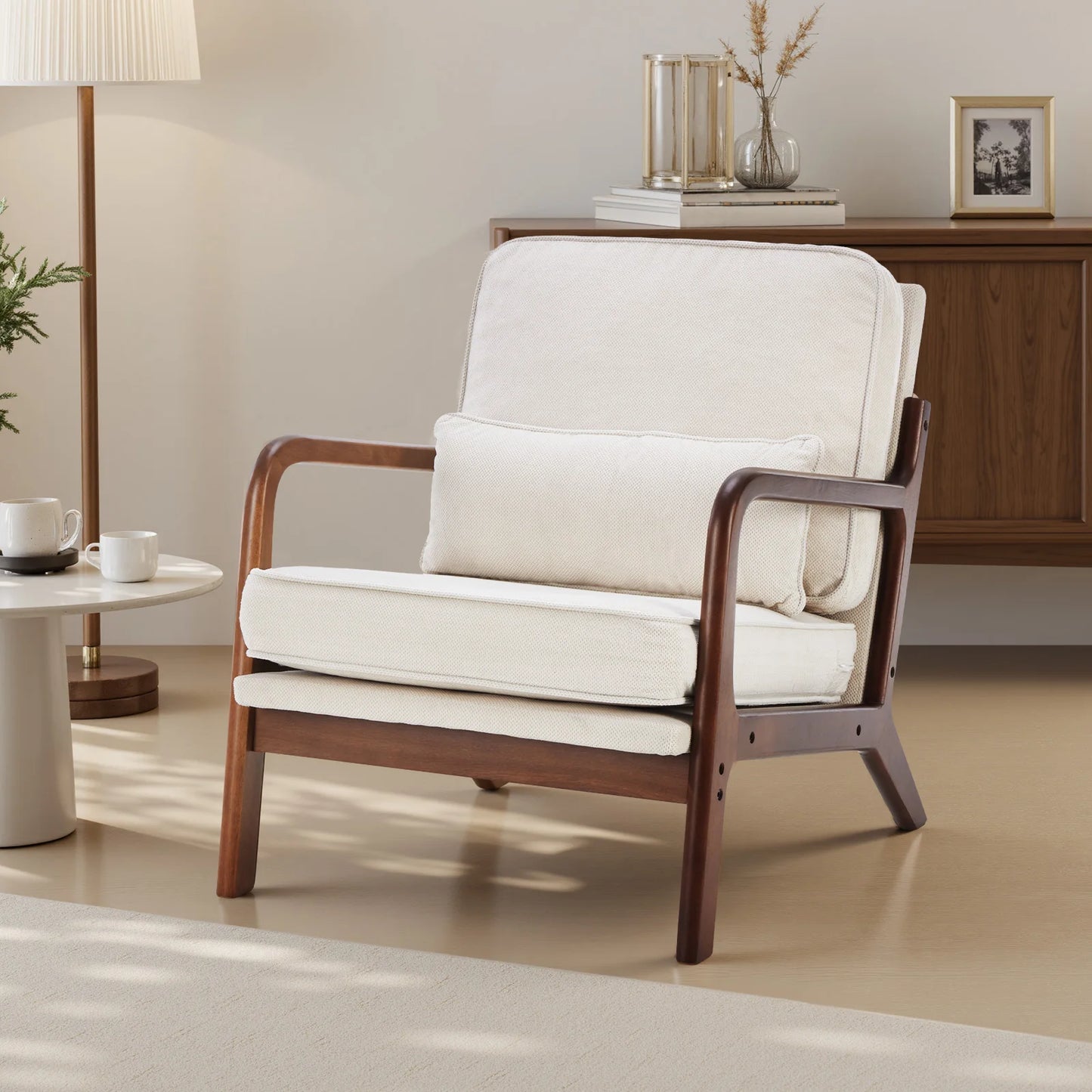 JHK Mid Century Modern Wood Frame Armchair With Cushion