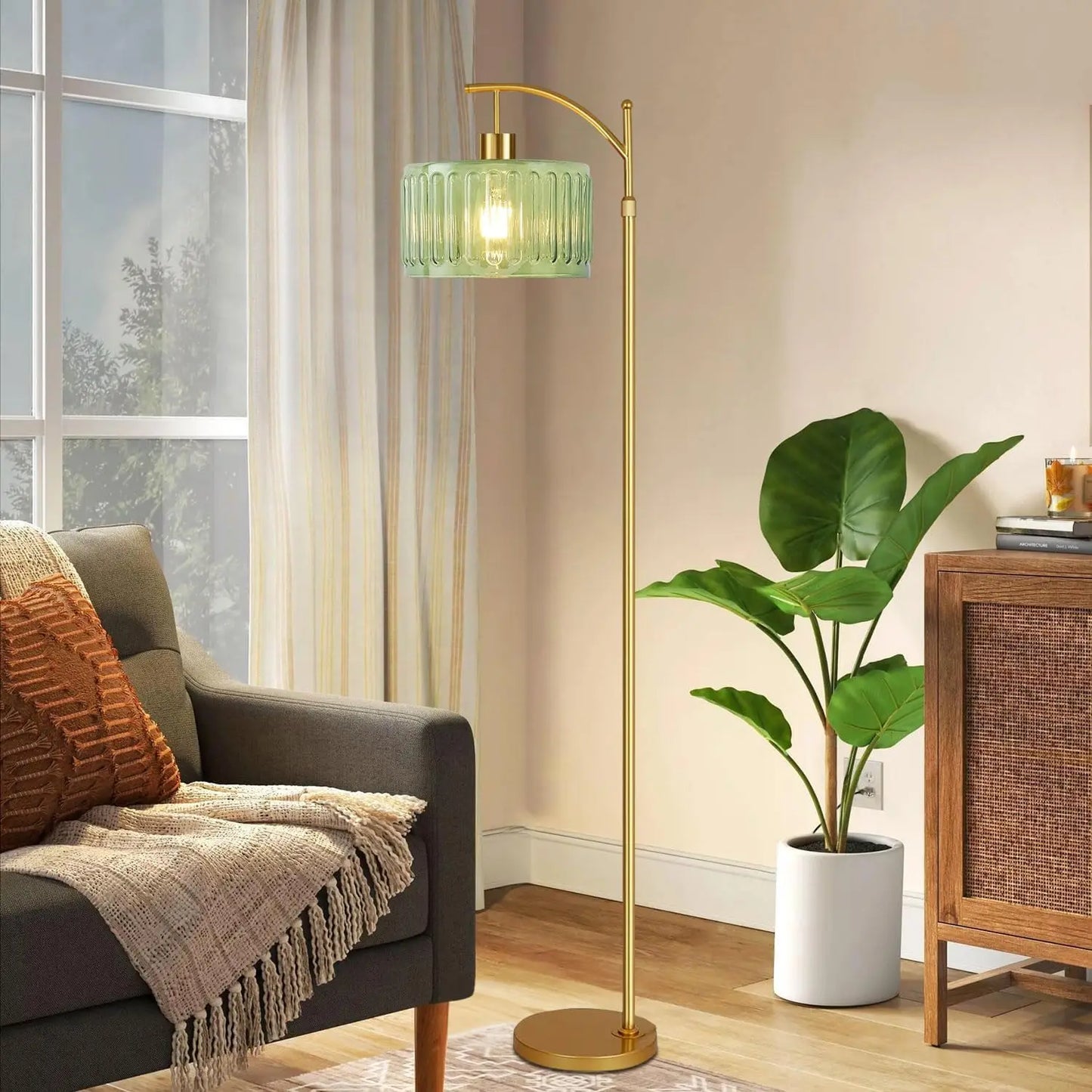 Gold Dimmable Floor Lamp with Remote, Mid-Century Modern Brass Standing Light for Living Room Bedroom