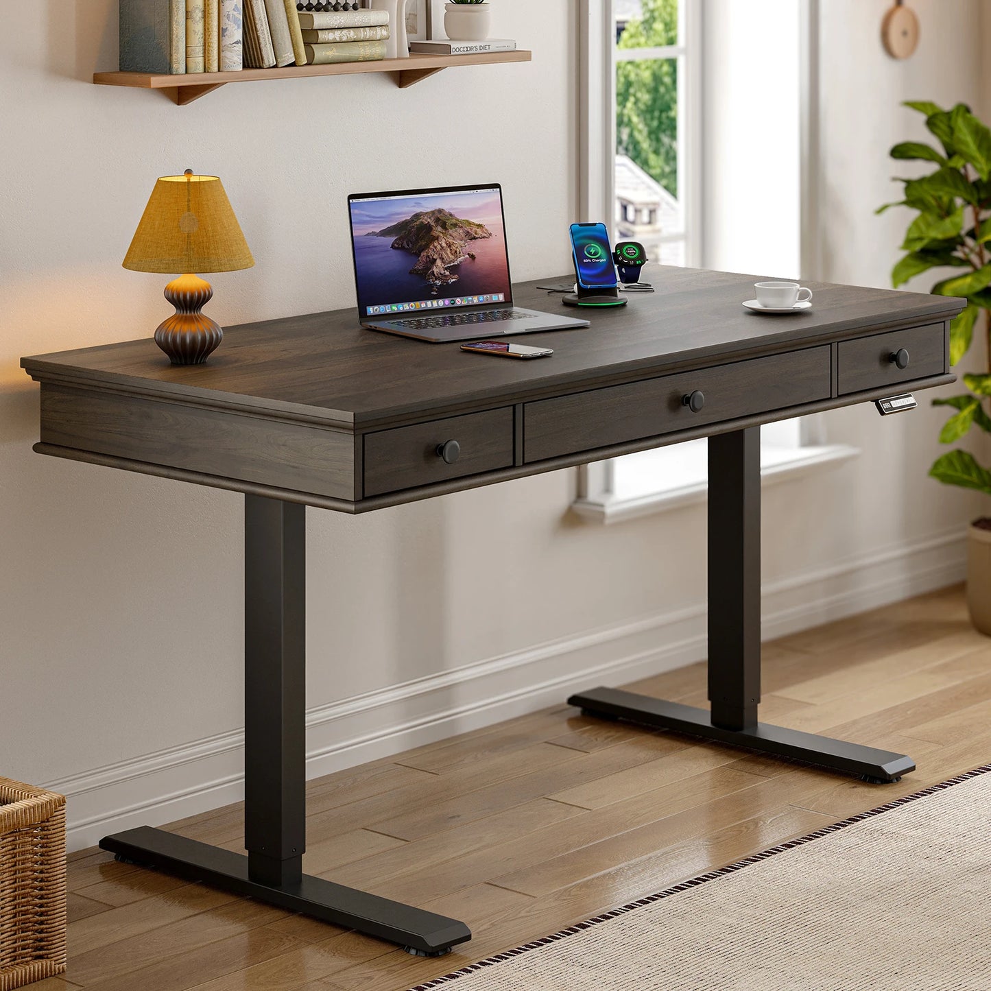 Standing Desk, Height Adjustable Desk with Storage & Outlets, 55 x 23  Inch Electric Table for Office,  Curved Stand Up Desk