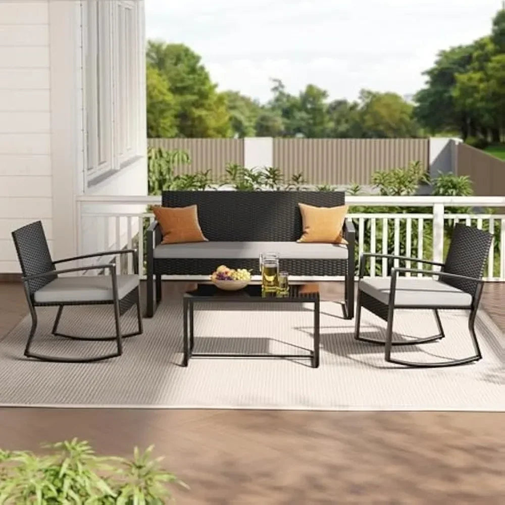 Outdoor Wicker Patio Set With Glass Coffee Table Rocking Bistro
