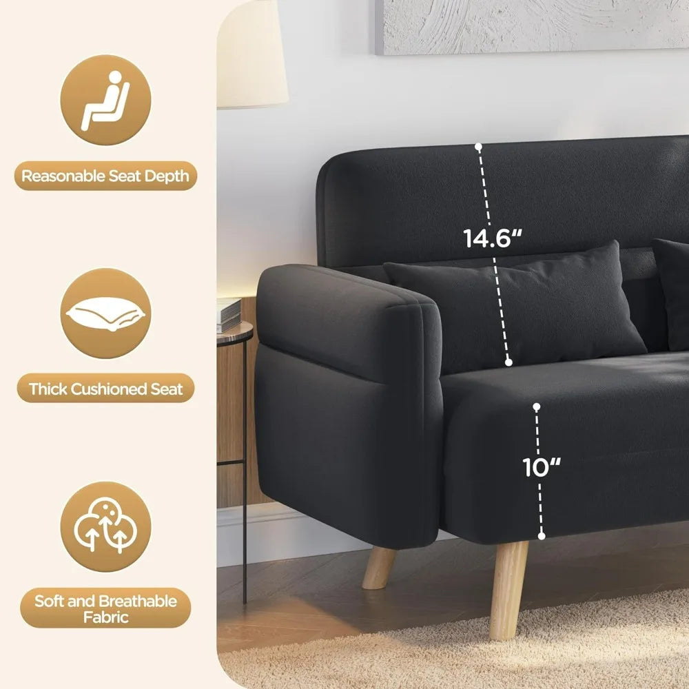 46" Mid Century Modern 2 Seater Fabric Sofa Loveseat Lumbar Pillows Solid Wood Legs Dark Gray Small Spaces Living Room Office