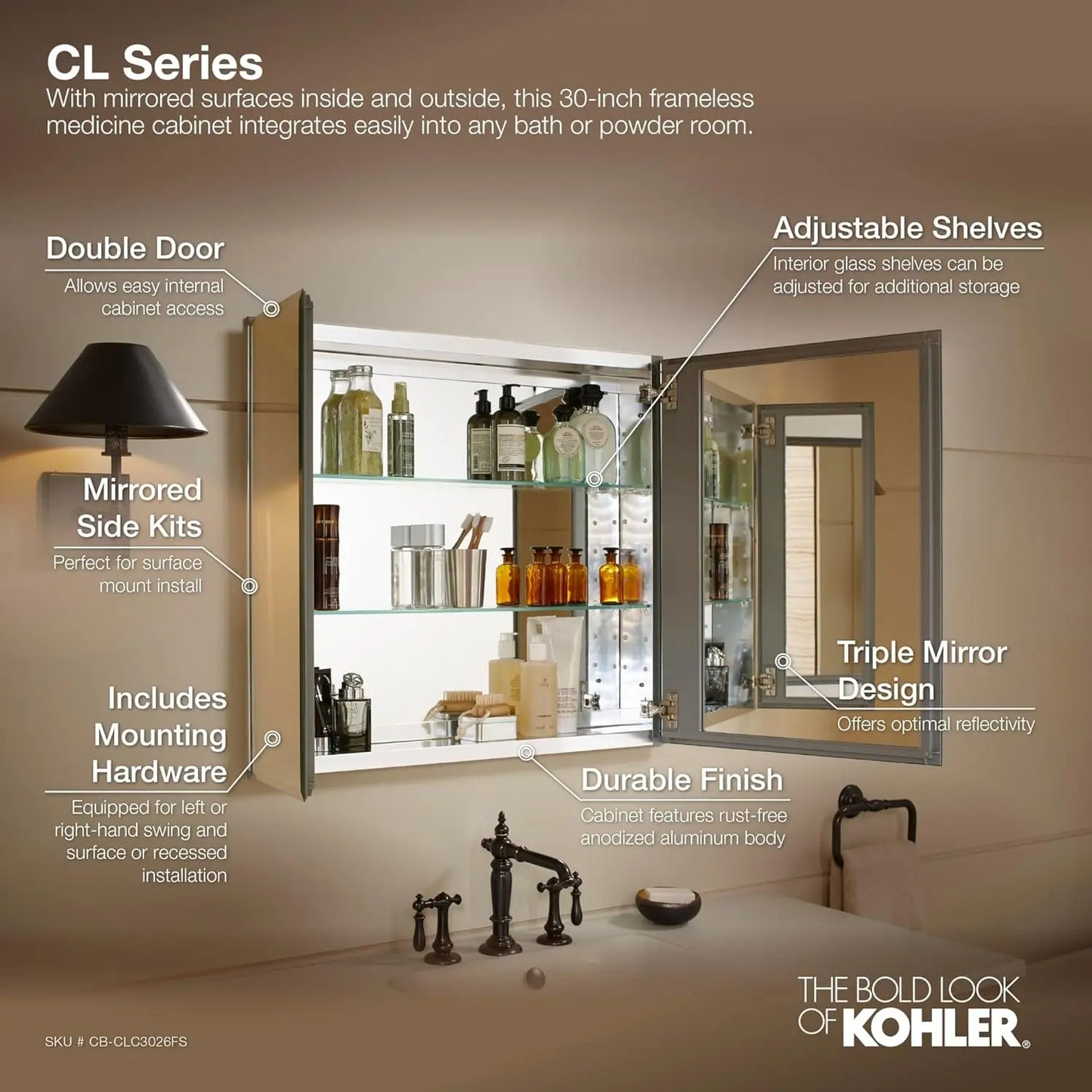 CB-CLC3026FS Bathroom Medicine Cabinet with Mirror, Beveled Mirror Doors, Adjustable Shelves, Rectangular Beveled, Customized
