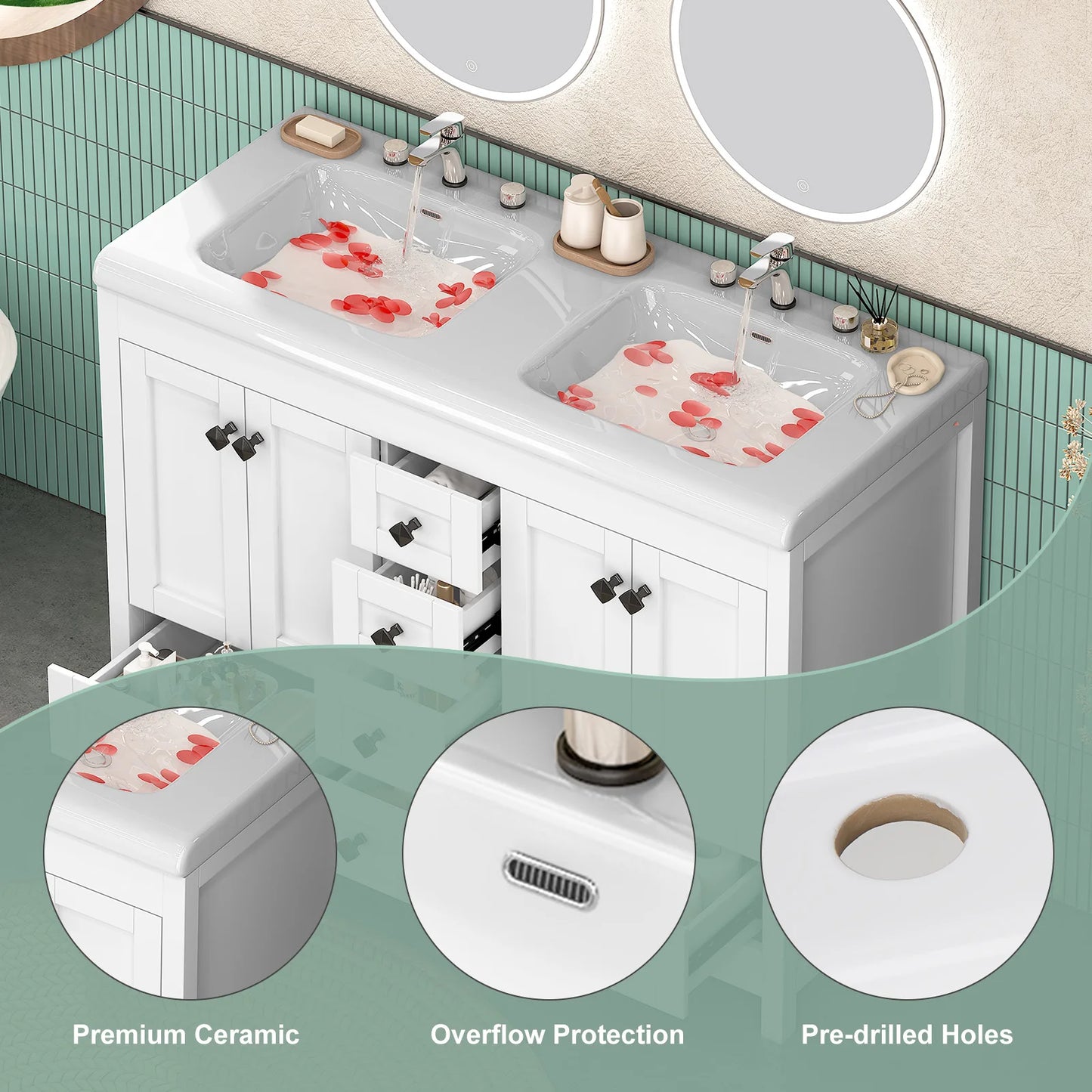 47'' Double-Sink Freestanding Vanity with Drawers & Cabinet White Modern Bathroom Storage Vanity Set for Home Bath Organizer