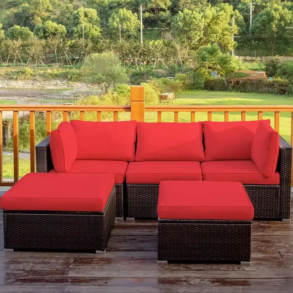 5 Piece Outdoor Patio Furniture Set With Cushioned Rattan Sectional
