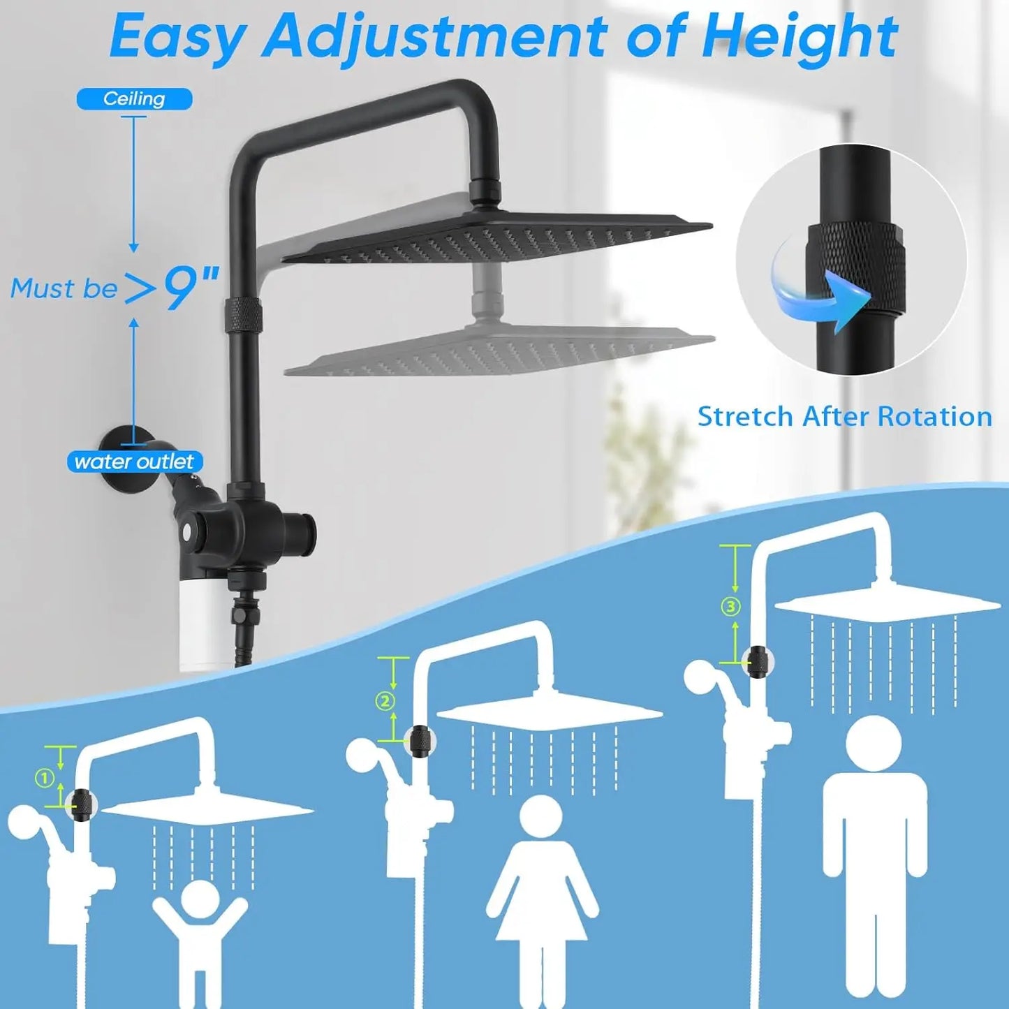 10-Inch Filtered Shower Head with 7 Settings, High Pressure Dual Shower Combo and Adjustable Height in Matte Black