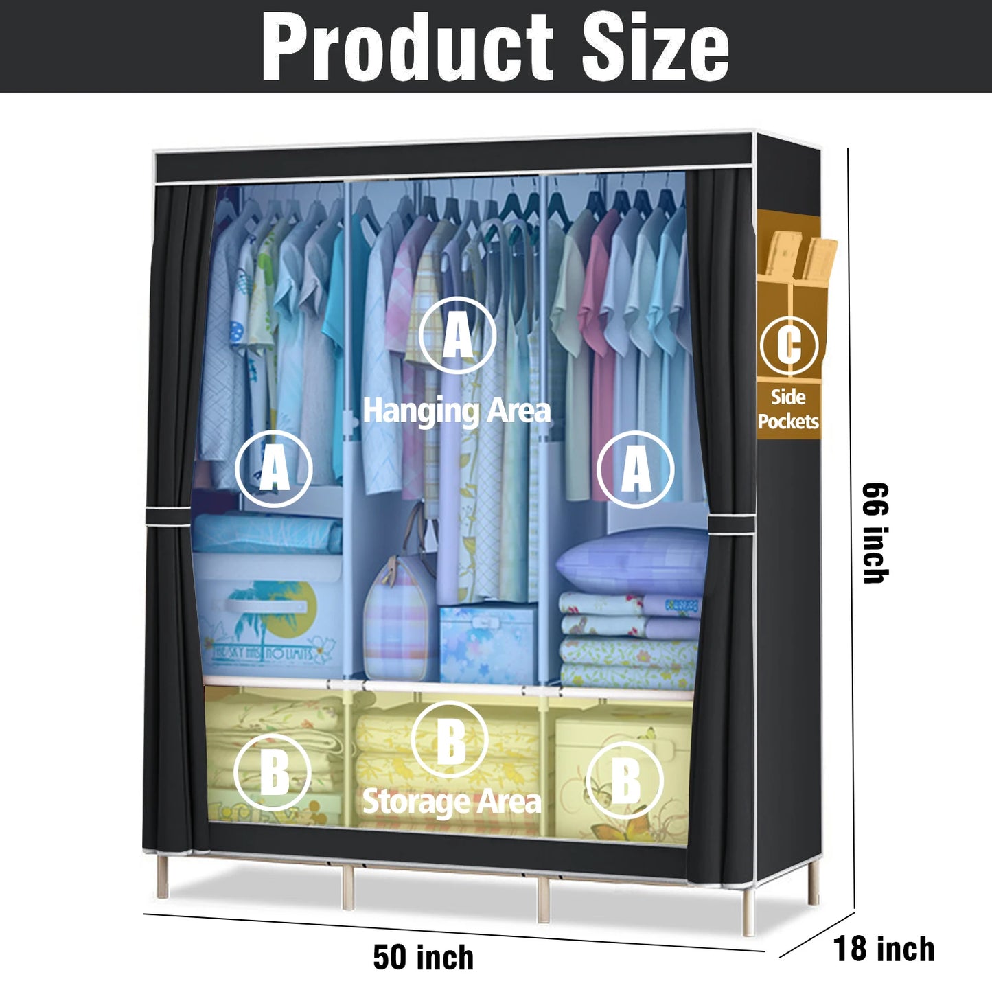 Portable Large Fabric Canvas Wardrobe with Clothes Hanging Rail Shelving Storage Closet Closet Rack Shelves