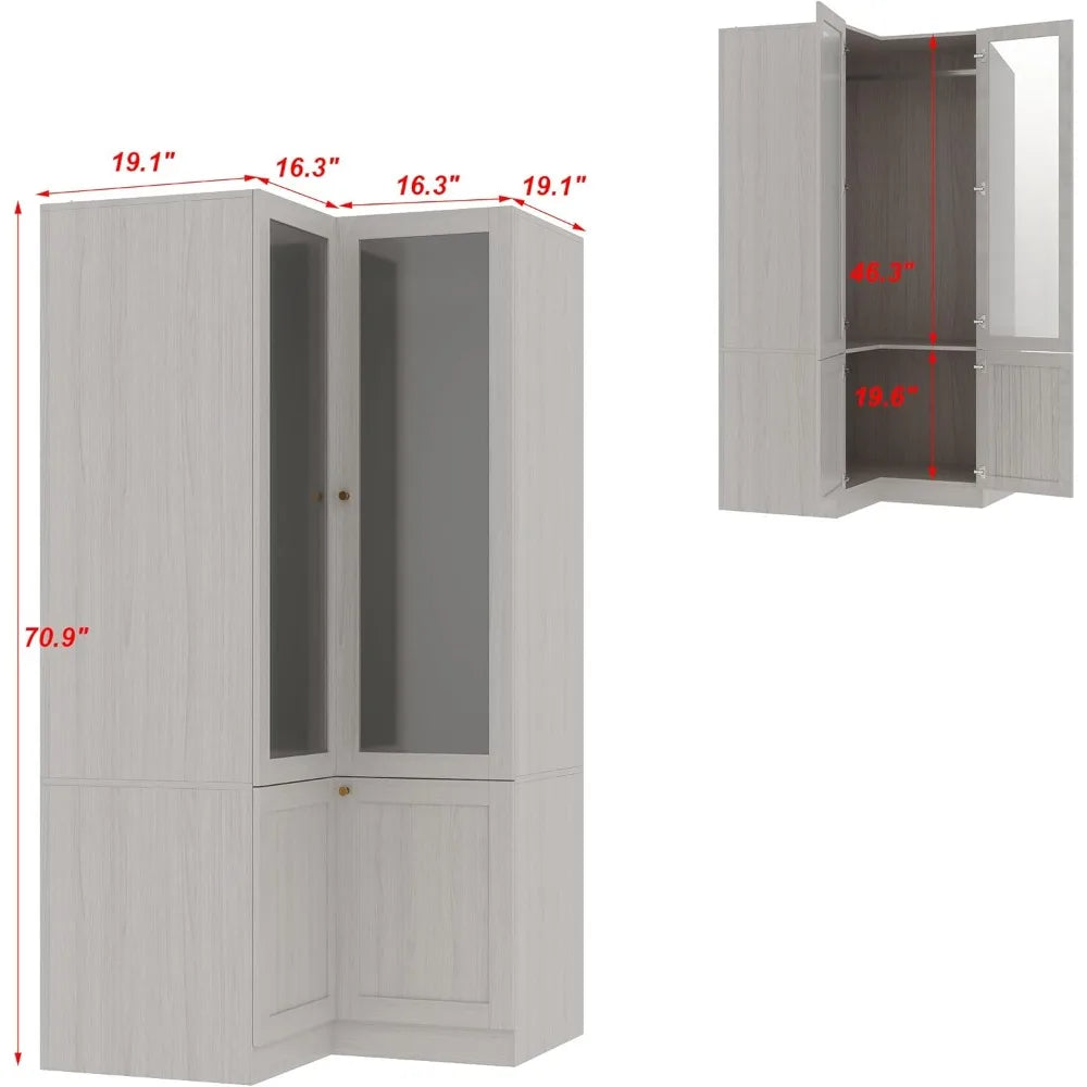 Corner Wardrobe Cabinet, Modern Wood Armoire Closet with Frosted Glass Doors, Bedroom Wardrobe with Shelves & Hanging Rod for S