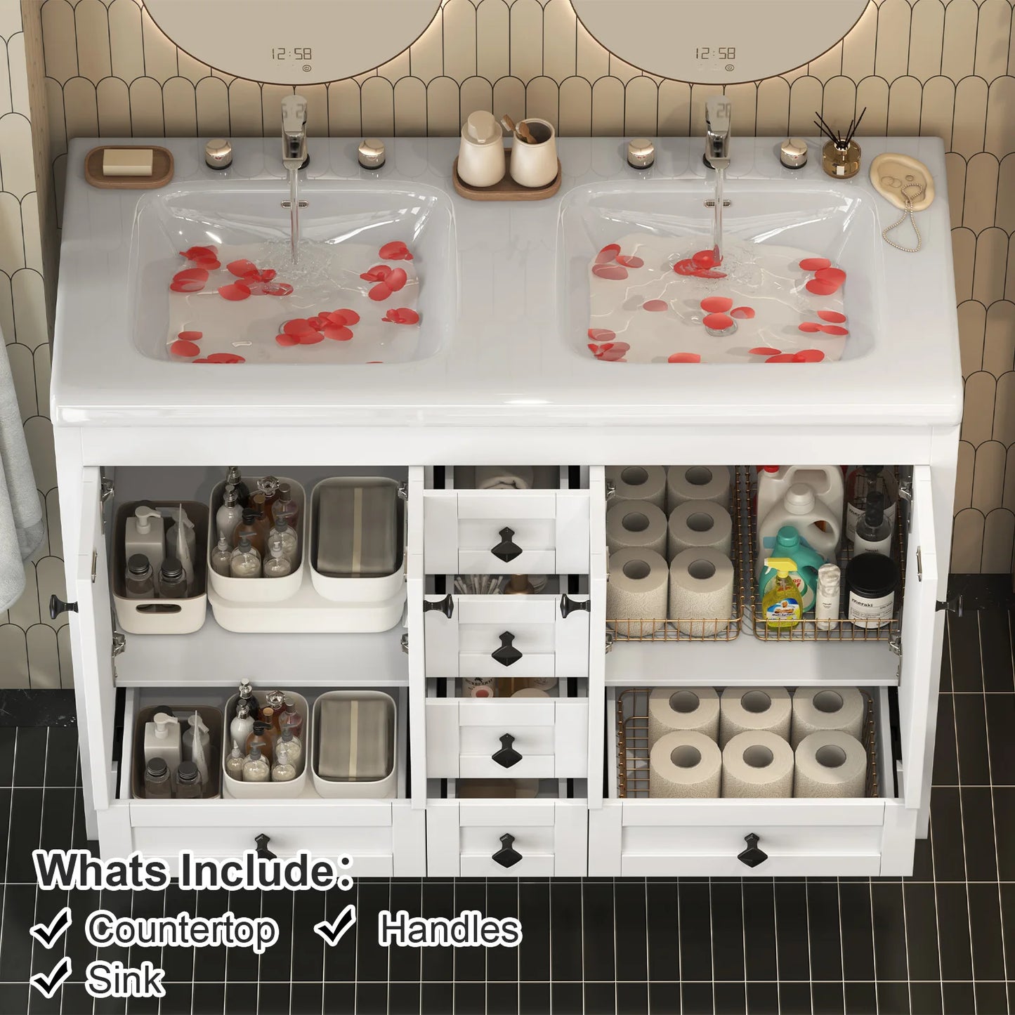 47'' Double-Sink Freestanding Vanity with Drawers & Cabinet White Modern Bathroom Storage Vanity Set for Home Bath Organizer