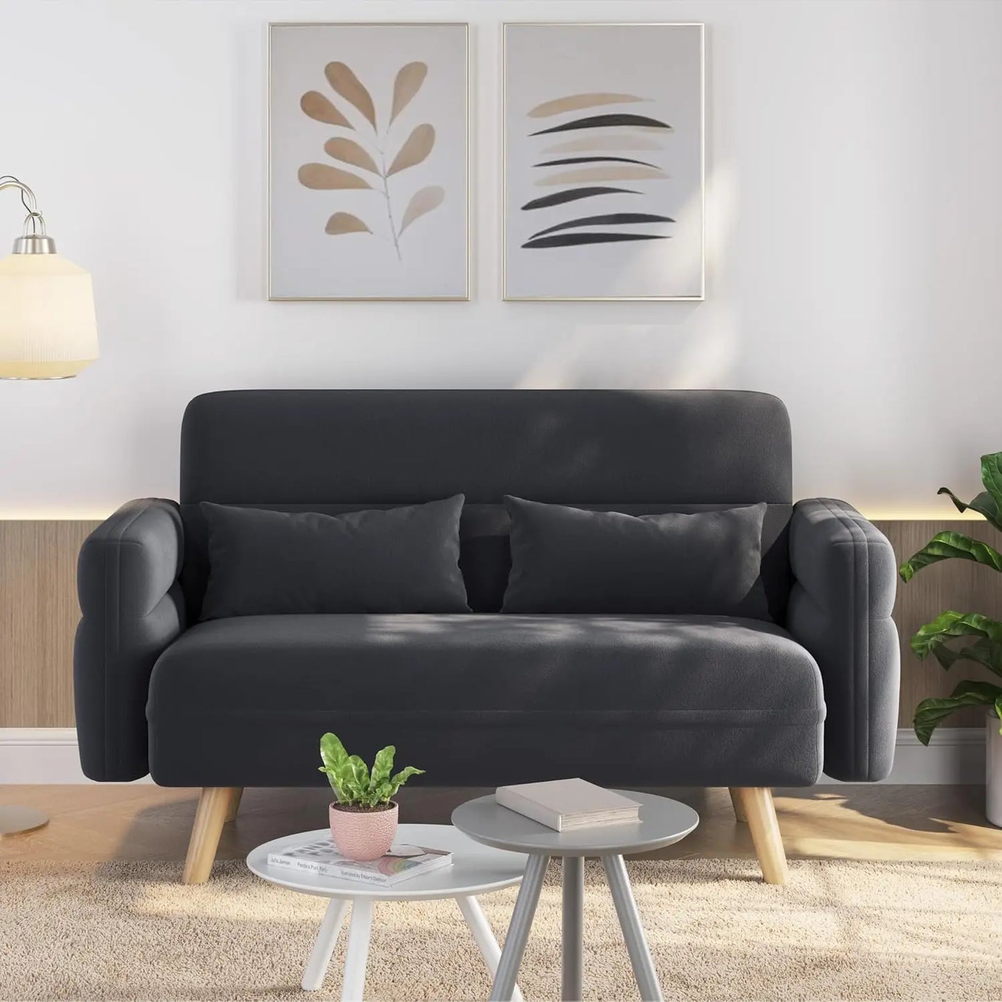 46" Mid Century Modern 2 Seater Fabric Sofa Loveseat Lumbar Pillows Solid Wood Legs Dark Gray Small Spaces Living Room Office