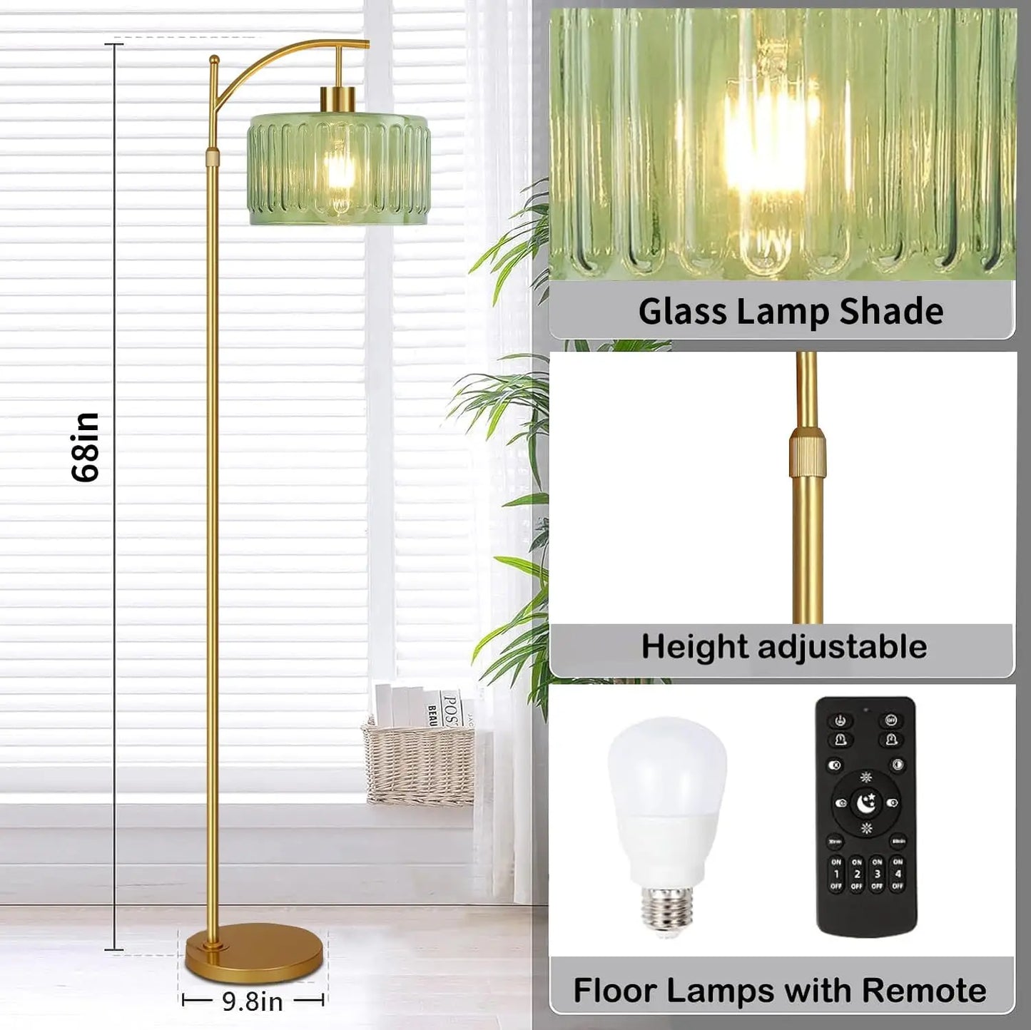 Gold Dimmable Floor Lamp with Remote, Mid-Century Modern Brass Standing Light for Living Room Bedroom