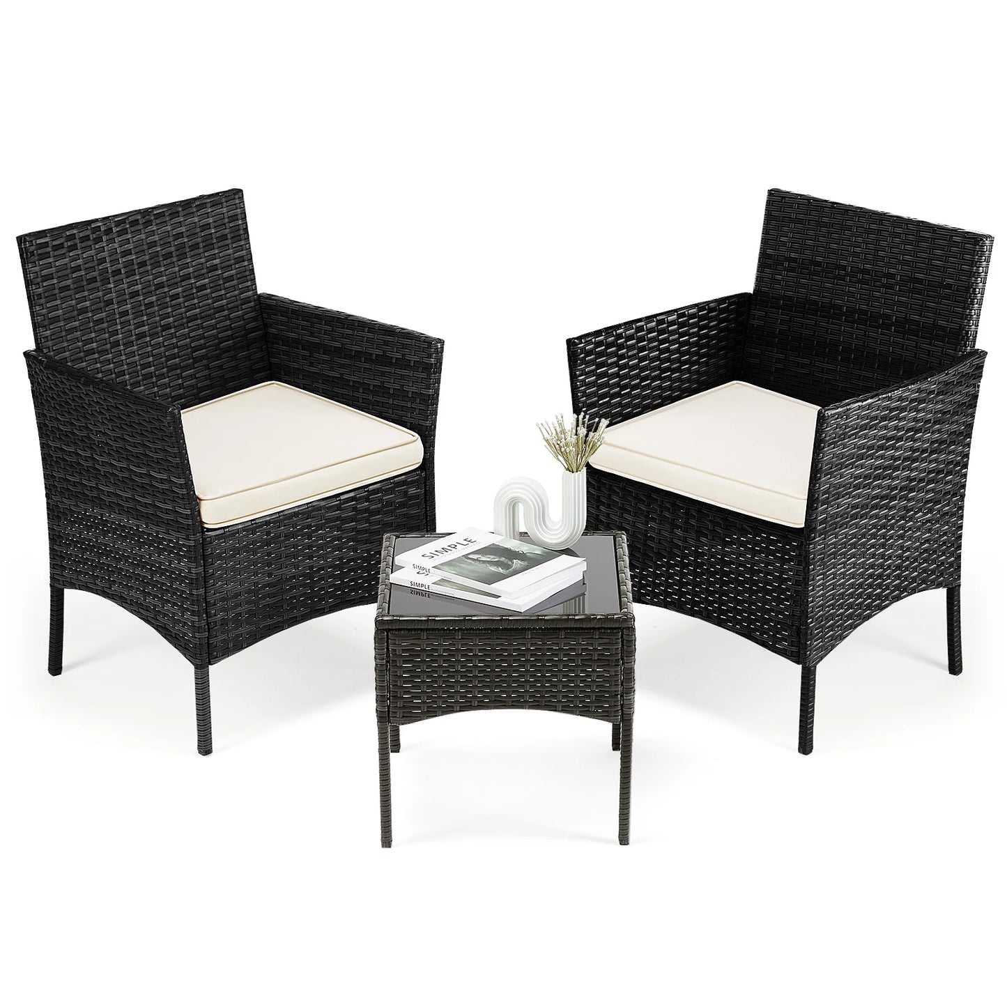 JHK Outdoor Patio Furniture Set With Wicker Rattan Chairs And Glass Table
