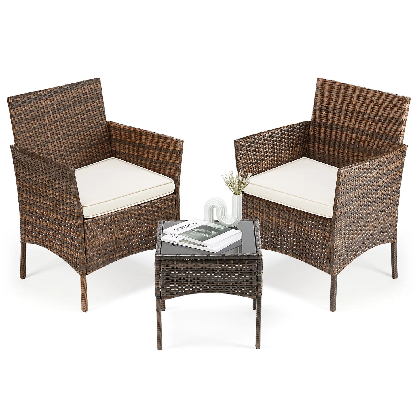 JHK Outdoor Patio Furniture Set With Wicker Rattan Chairs And Glass Table