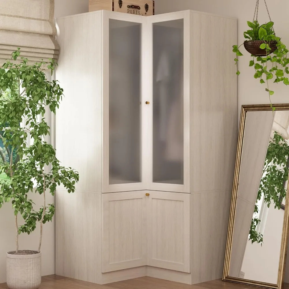 Corner Wardrobe Cabinet, Modern Wood Armoire Closet with Frosted Glass Doors, Bedroom Wardrobe with Shelves & Hanging Rod for S