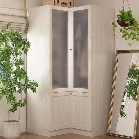 Corner Wardrobe Cabinet, Modern Wood Armoire Closet with Frosted Glass Doors, Bedroom Wardrobe with Shelves & Hanging Rod for S