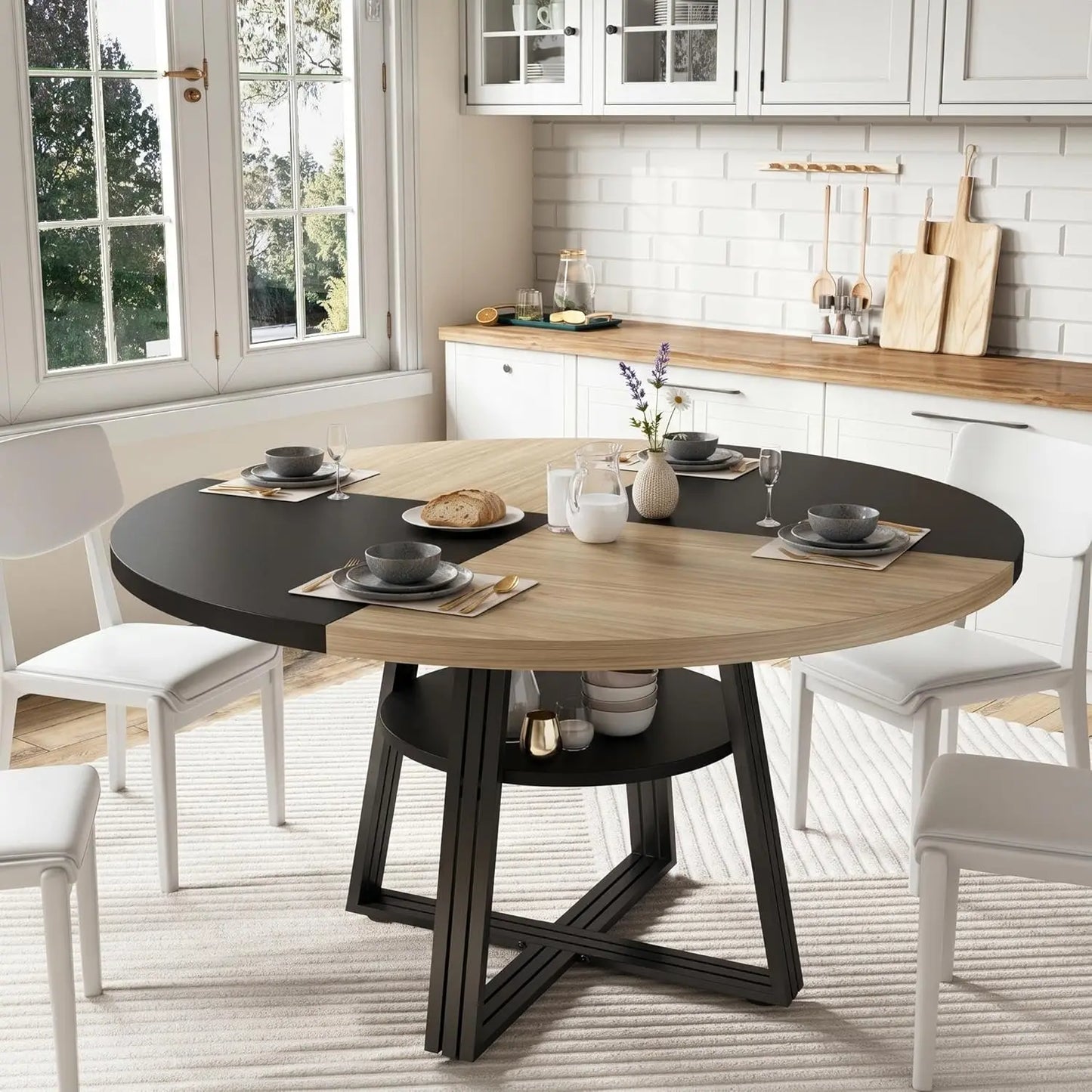 HobbyLane Farmhouse Round Dining Table With Scratch Proof Wood Top Seats 4 To 6