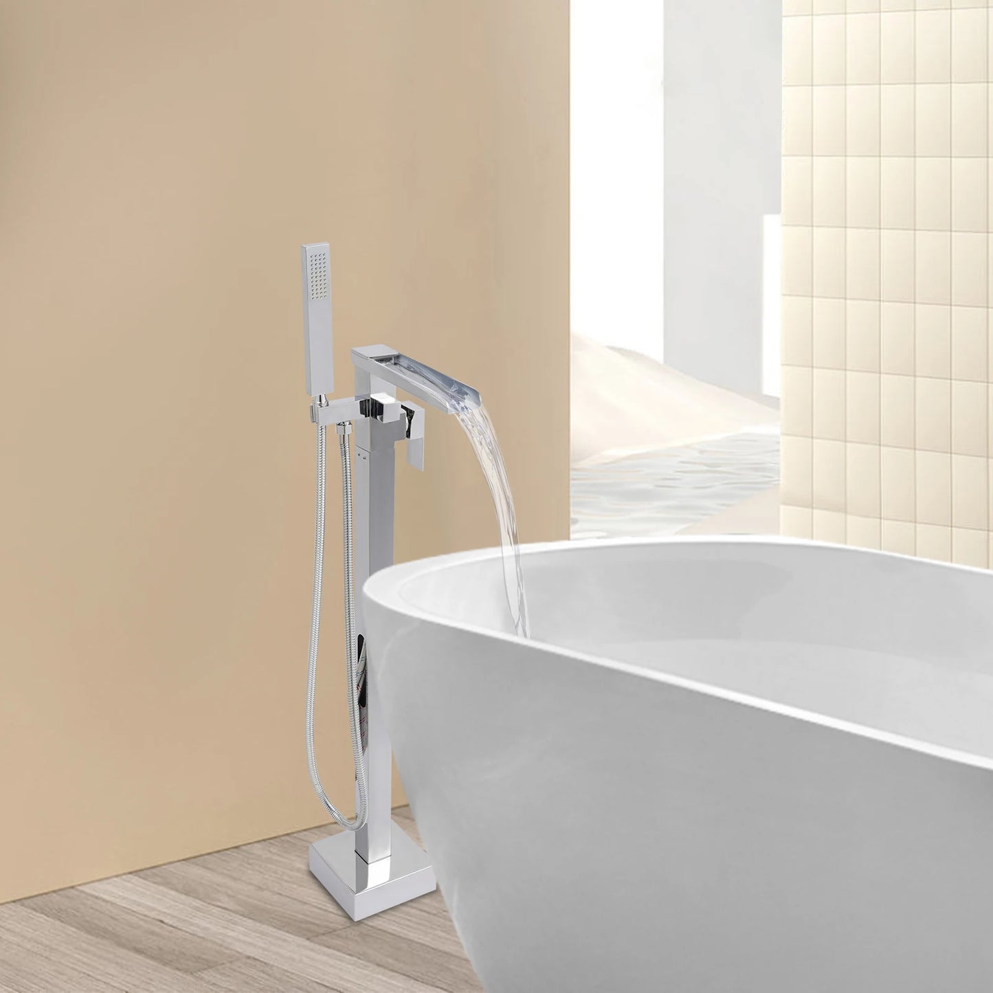 Freestanding Bath Tap, Tap w/ Hand Shower, Bath Tap Bathtub Shower Faucets Floor Standing Faucet  Waterfall Mixer